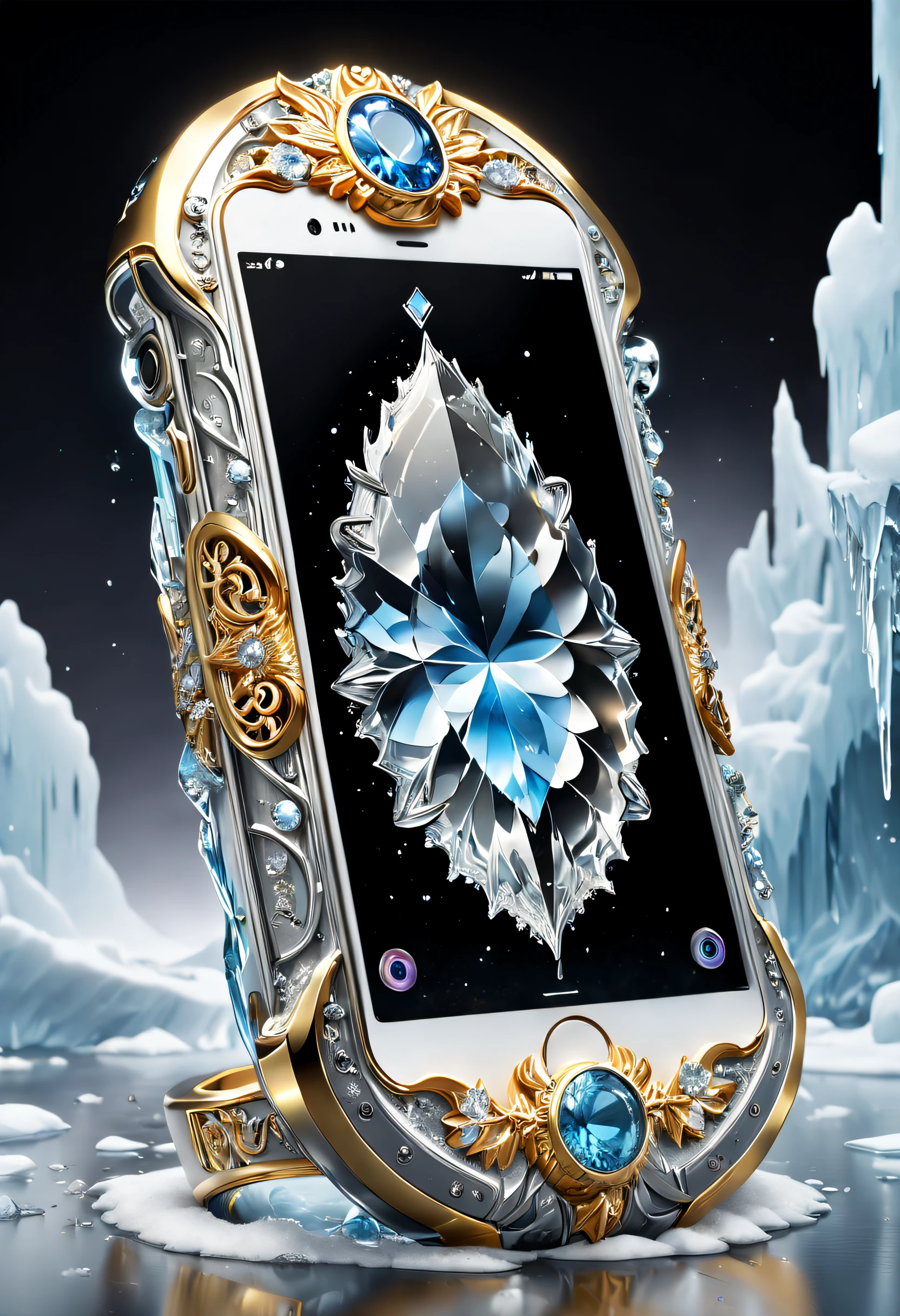 (8K, 16k, Award-winning, Highest quality, Highest resolution, Super detail, High detail, Anatomically correct, Masterpiece, Stunning beauty), (metal ring: 1.3), Smartphones inside icicles , smartphone, delicate craftsmanship , Legendary smartphones, Rare and precious, Intricate details, Smartphones are made of a metal called orichalcum, There are no gemstones, (Ancient characters are engraved on the inside of the smartphone: 1.2), Impeccable, Platinum, White, Gold and silver, Trapped in a world of ice and snow.