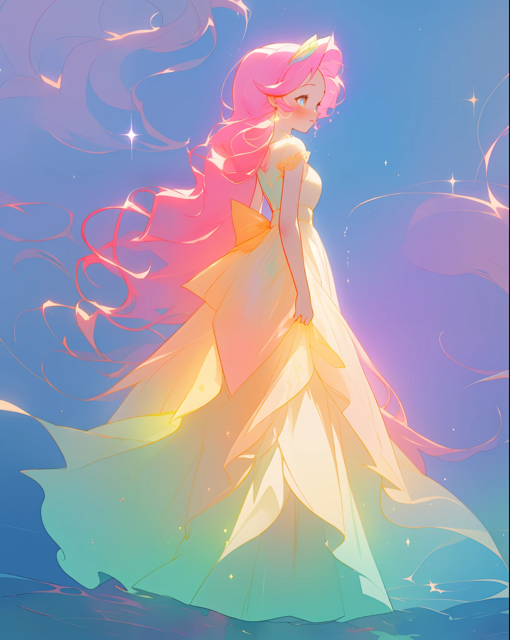 beautiful girl in sparkling gradient ballgown, long wavy peach pink hair, vibrant pastel colors, (colorful), colorful watercolor background, ethereal, magical lights, sparkling liquid light, inspired by Glen Keane, inspired by Lois van Baarle, disney art style, by Lois van Baarle, glowing aura around her, by Glen Keane, jen bartel, glowing lights! digital painting, flowing glowing hair, glowing flowing hair, beautiful digital illustration, fantasia background, whimsical, magical, fantasy, beautiful face, ((masterpiece, best quality)), intricate details, highly detailed, sharp focus, 8k resolution, sparkling detailed eyes, liquid watercolor