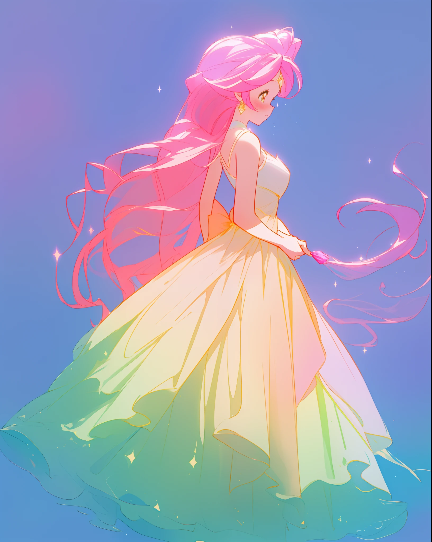 beautiful girl in sparkling gradient ballgown, long wavy peach pink hair, vibrant pastel colors, (colorful), colorful watercolor background, ethereal, magical lights, sparkling liquid light, inspired by Glen Keane, inspired by Lois van Baarle, disney art style, by Lois van Baarle, glowing aura around her, by Glen Keane, jen bartel, glowing lights! digital painting, flowing glowing hair, glowing flowing hair, beautiful digital illustration, fantasia background, whimsical, magical, fantasy, beautiful face, ((masterpiece, best quality)), intricate details, highly detailed, sharp focus, 8k resolution, sparkling detailed eyes, liquid watercolor