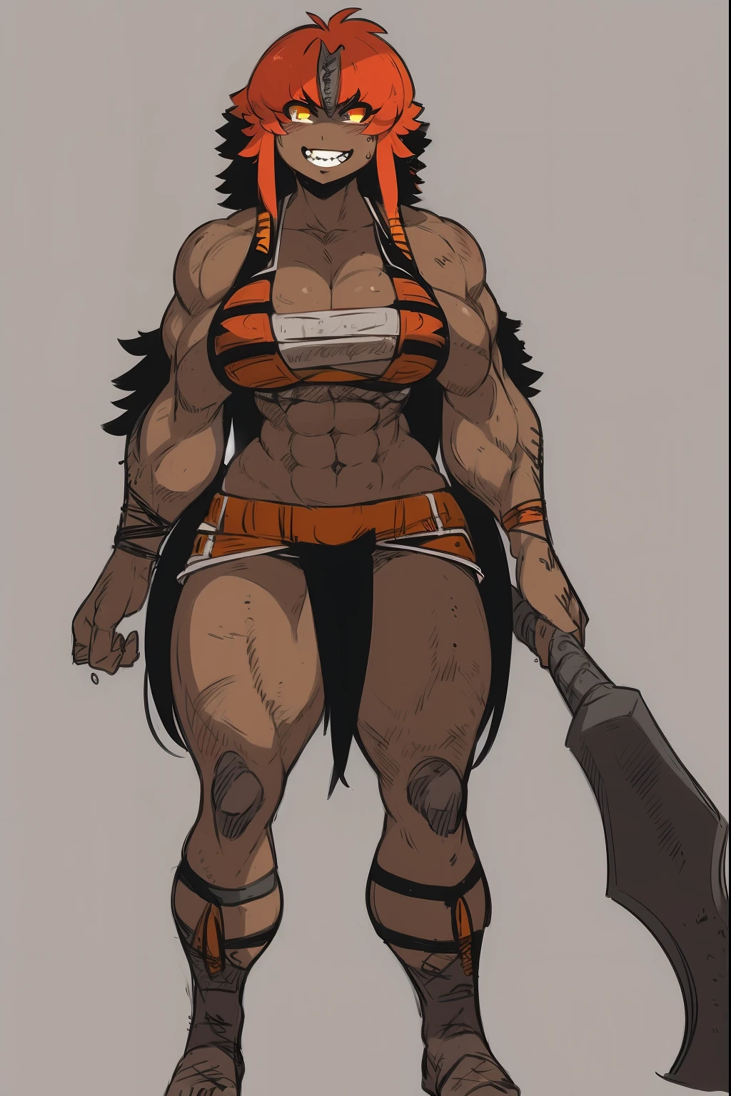 best quality, masterpiece, best shadows, black and orange hair, dark skin,,standing, full body, big breast, musclegirl, barbarian revealing cloths, , smile,#fashion design #warrior #woman #armor #clothing Trigger Words: barbarian_woman armor, smile open mouth