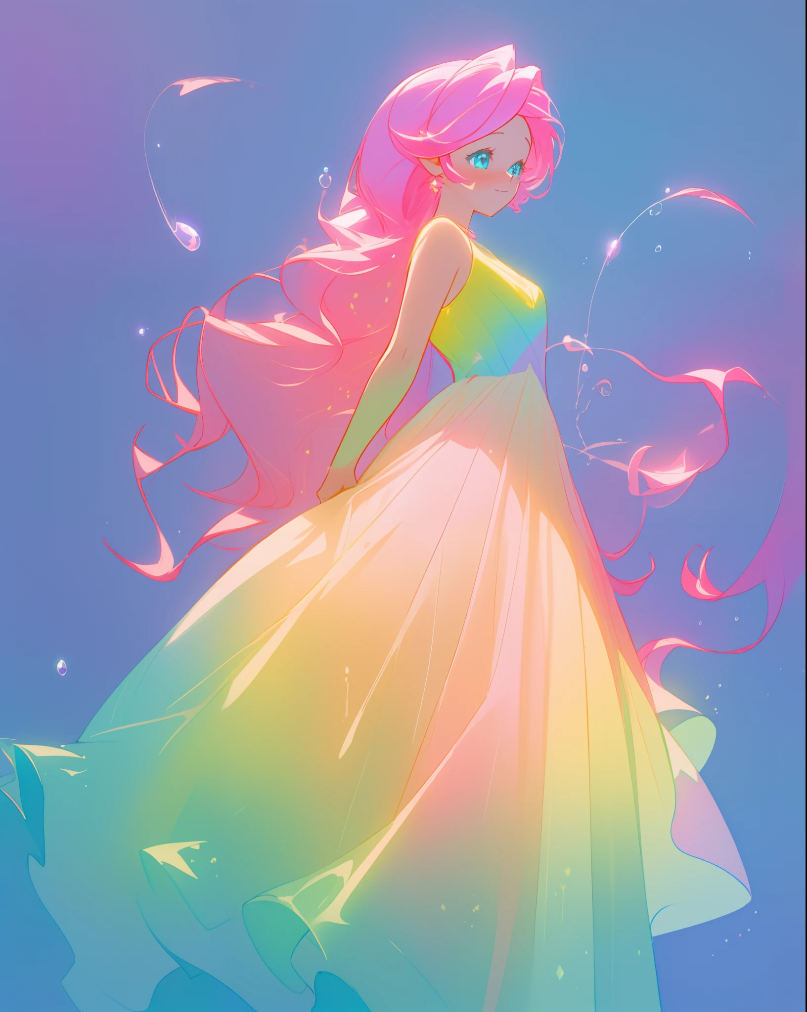 beautiful girl in sparkling gradient ballgown, long wavy peach pink hair, vibrant pastel colors, (colorful), colorful watercolor background, ethereal, magical lights, sparkling liquid light, inspired by Glen Keane, inspired by Lois van Baarle, disney art style, by Lois van Baarle, glowing aura around her, by Glen Keane, jen bartel, glowing lights! digital painting, flowing glowing hair, glowing flowing hair, beautiful digital illustration, fantasia background, whimsical, magical, fantasy, beautiful face, ((masterpiece, best quality)), intricate details, highly detailed, sharp focus, 8k resolution, sparkling detailed eyes, liquid watercolor