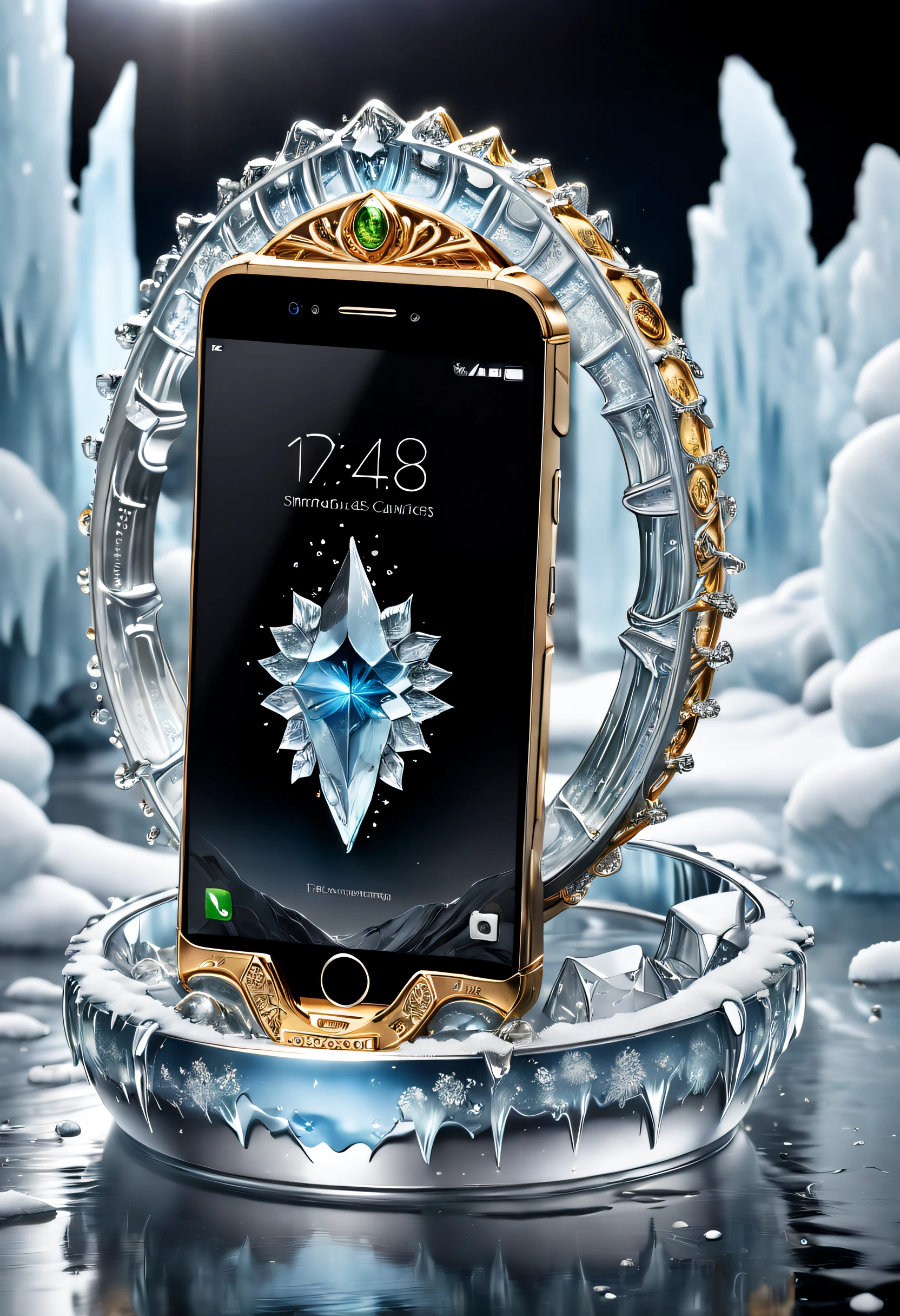 (8K, 16k, Award-winning, Highest quality, Highest resolution, Super detail, High detail, Anatomically correct, Masterpiece, Stunning beauty), (metal ring: 1.3), Smartphones inside icicles , smartphone, delicate craftsmanship , Legendary smartphones, Rare and precious, Intricate details, Smartphones are made of a metal called orichalcum, There are no gemstones, (Ancient characters are engraved on the inside of the smartphone: 1.2), Impeccable, Platinum, White, Gold and silver, Trapped in a world of ice and snow.