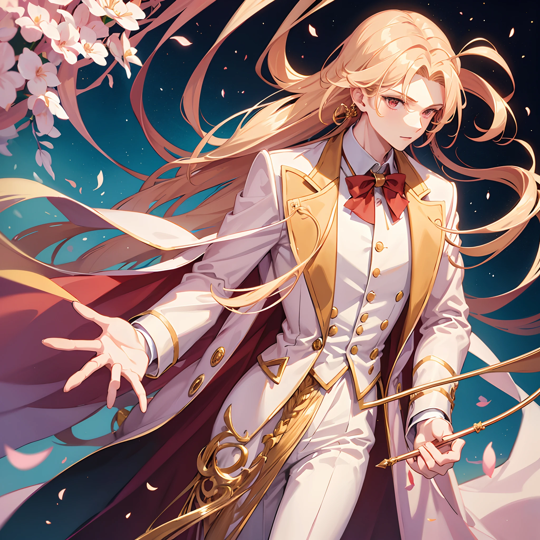 1 boy,long shoulder length golden blonde hair,red eyes,wearing a pastel pink suit coat,wearing a top hat,earrings,holding a cane