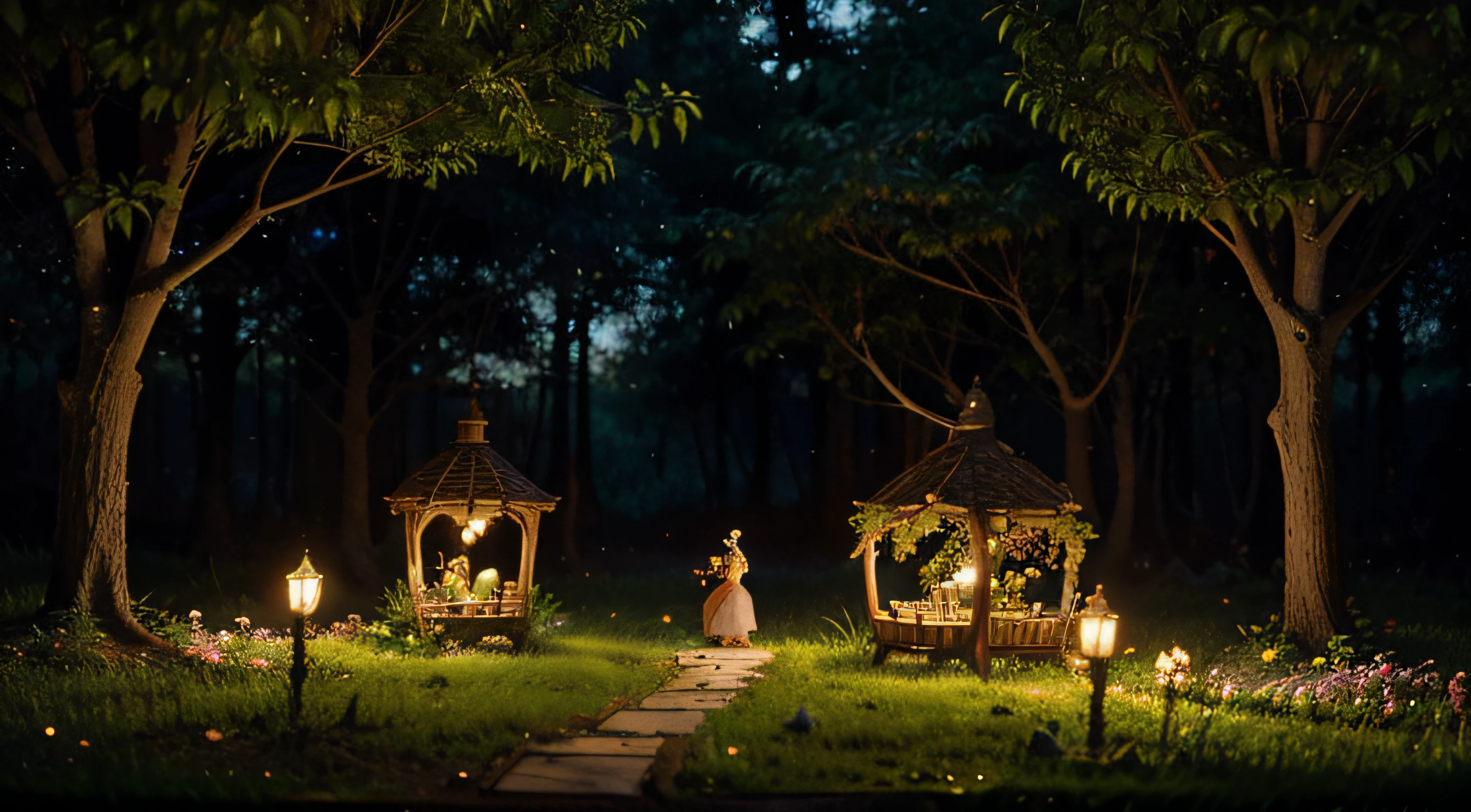 Fantasy fairy tale forest with fireflies in trees, cartoon background with flowers in magic night light or fairy garden