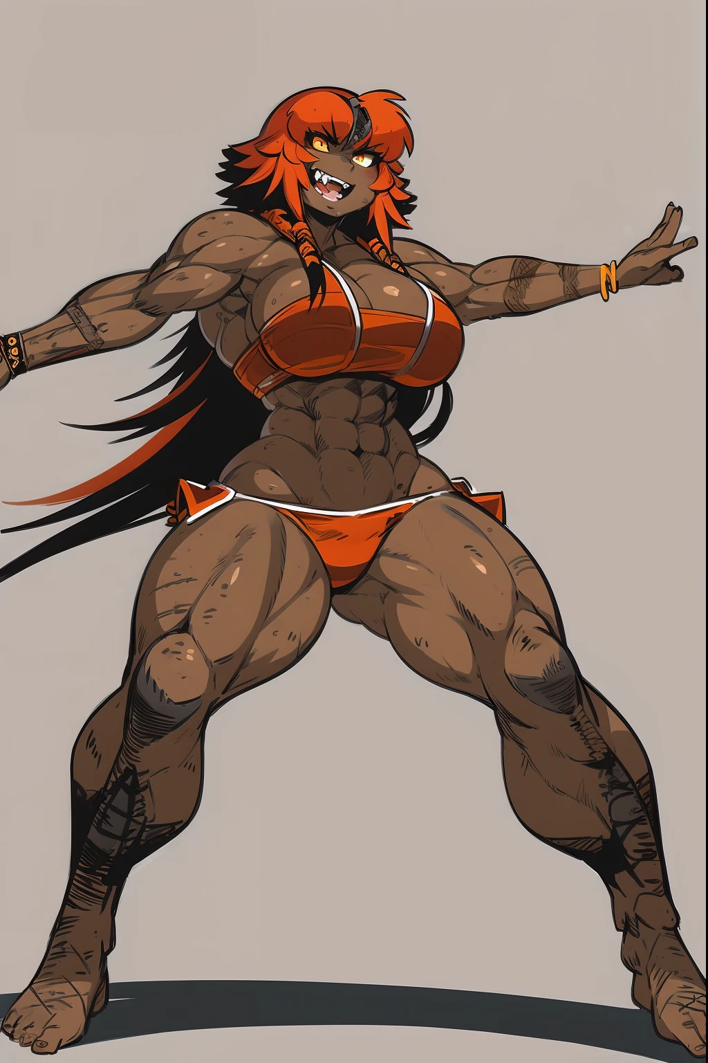 best quality, masterpiece, best shadows, black and orange hair, dark skin,,standing, full body, big breast, musclegirl, barbarian revealing cloths, , smile,#fashion design #warrior #woman #armor #clothing Trigger Words: barbarian_woman armor, smile open mouth