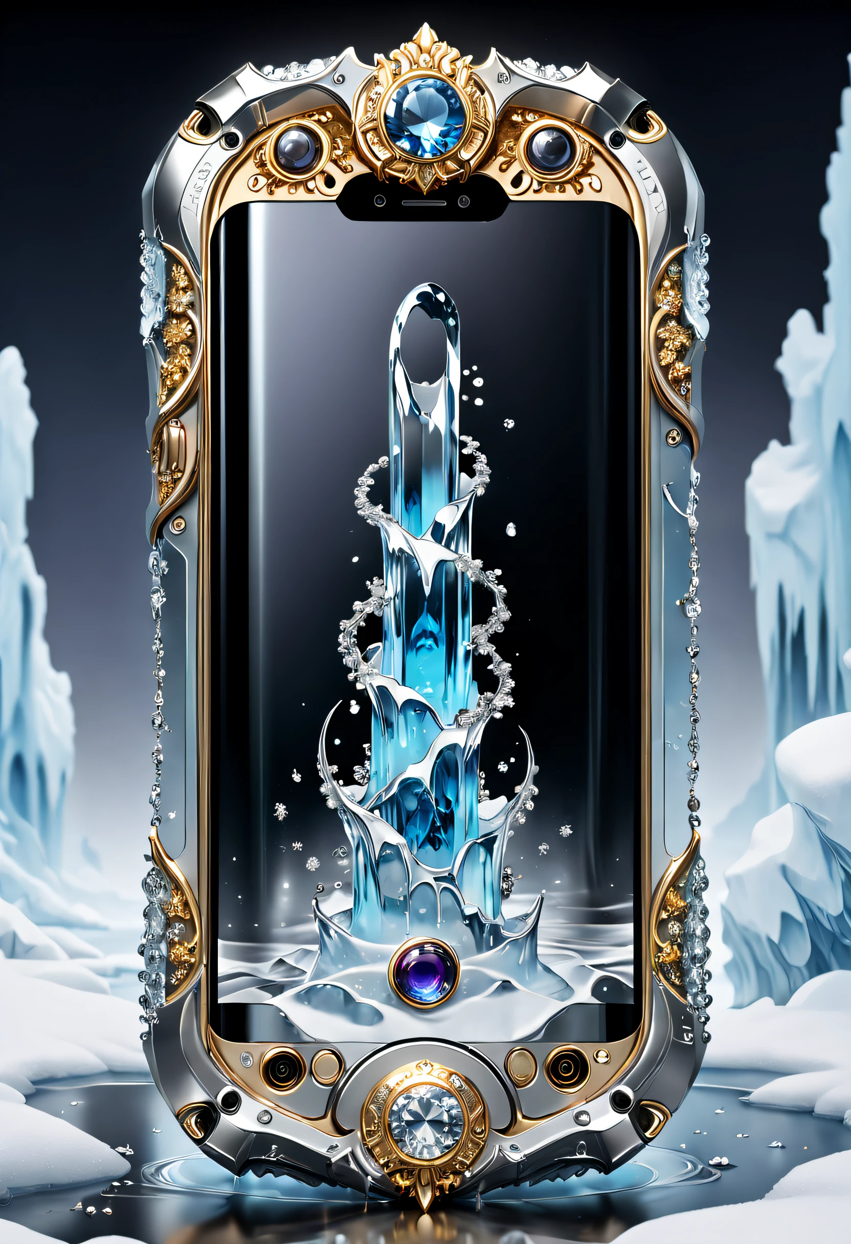 (8K, 16k, Award-winning, Highest quality, Highest resolution, Super detail, High detail, Anatomically correct, Masterpiece, Stunning beauty), (metal ring: 1.3), Smartphones inside icicles , smartphone, delicate craftsmanship , Legendary smartphones, Rare and precious, Intricate details, Smartphones are made of a metal called orichalcum, There are no gemstones, (Ancient characters are engraved on the inside of the smartphone: 1.2), Impeccable, Platinum, White, Gold and silver, Trapped in a world of ice and snow.