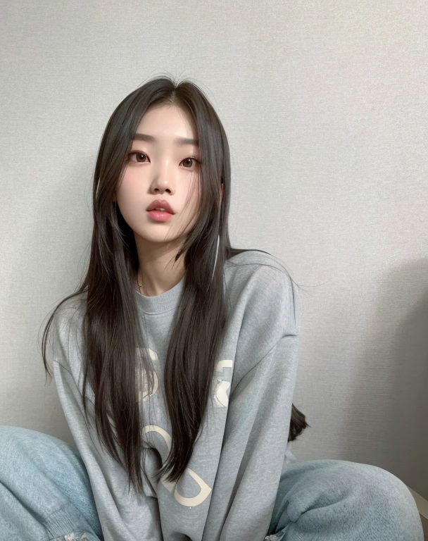 Arafed asian woman sitting on a bed wearing a gray sweatshirt, Jaeyeon Nam, Jinyoung Shin, con el pelo largo, El Corte Hime, ulzzang, Heonhwa Choe, Gongbi, Blackpink Jennie, Parque Roseanne de Blackpink, Chica coreana, Asian girl with long hair, Hermosa joven coreana, Lee Ji - Eun, Lee Ji-eun
