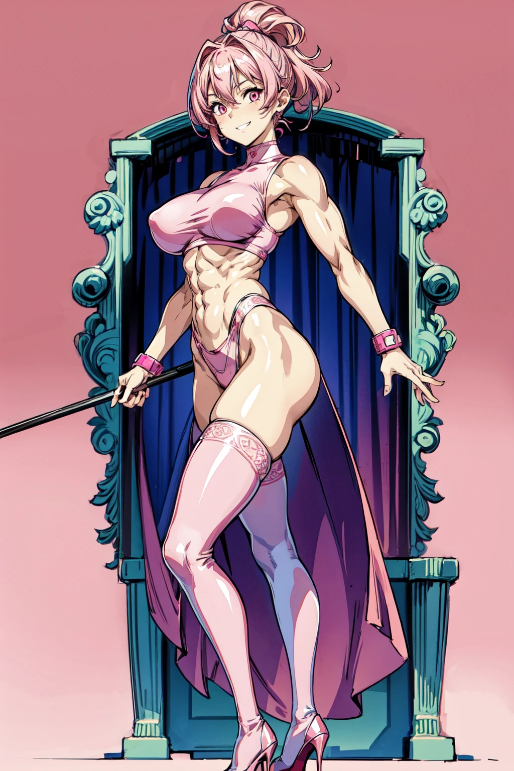 masterpiece:2, best quality:2, highly detailed:2, 8k, gradient pink background, anime, 1girl\(20-year-old, ORC, grinning, athletic:1.2, muscular:1.2, abs:1.2, long legs:1.4, short pink hair, big breasts, pink stockings, pink thigh boots with high heels, revealing clothes:1.2, slender waist, tight butts, beautiful face, pink eyes, dynamic pose\), full-body image:1.2