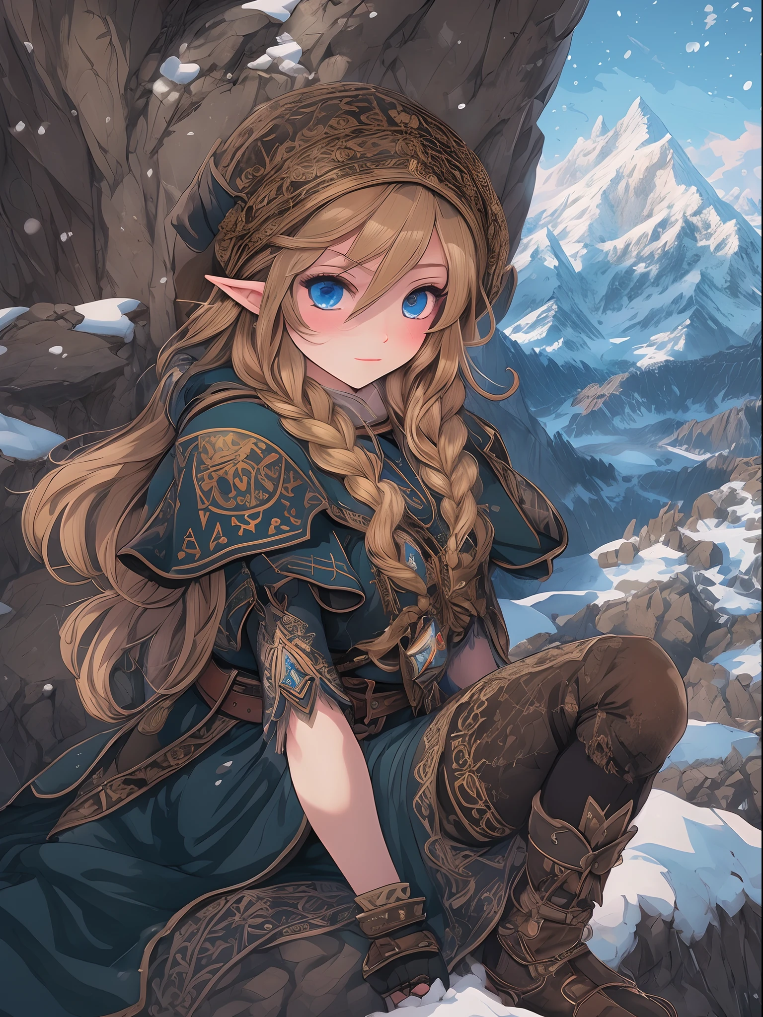 ((master piece)),best quality, illustration, dark, 1girl, In the wilderness,High mountain,Snow-capped mountains in the distance, castle, zelda style scenery, beautiful detailed eyes, beautiful detailed hair,