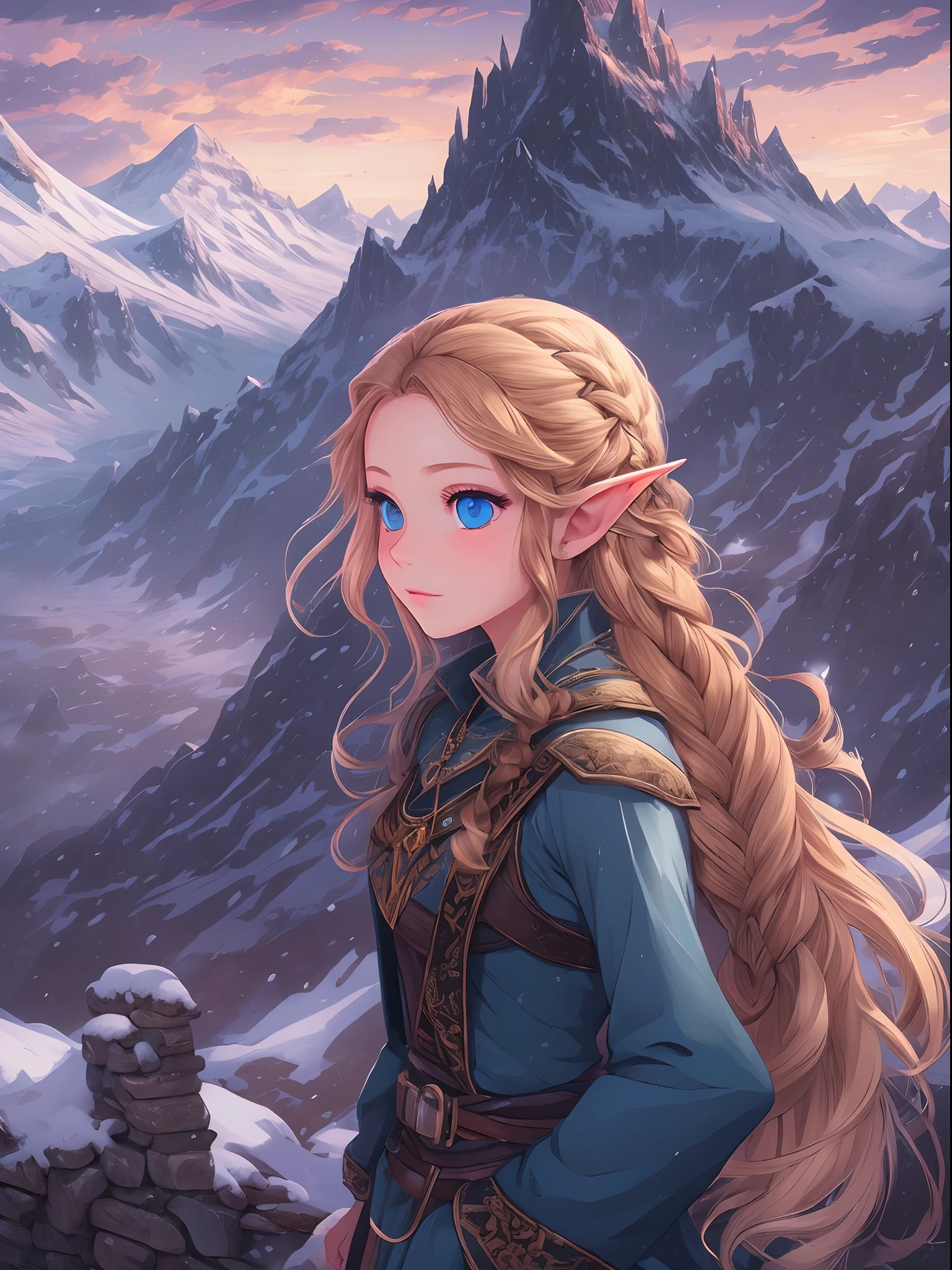 ((master piece)),best quality, illustration, dark, 1girl, In the wilderness,High mountain,Snow-capped mountains in the distance, castle, zelda style scenery, beautiful detailed eyes, beautiful detailed hair,
