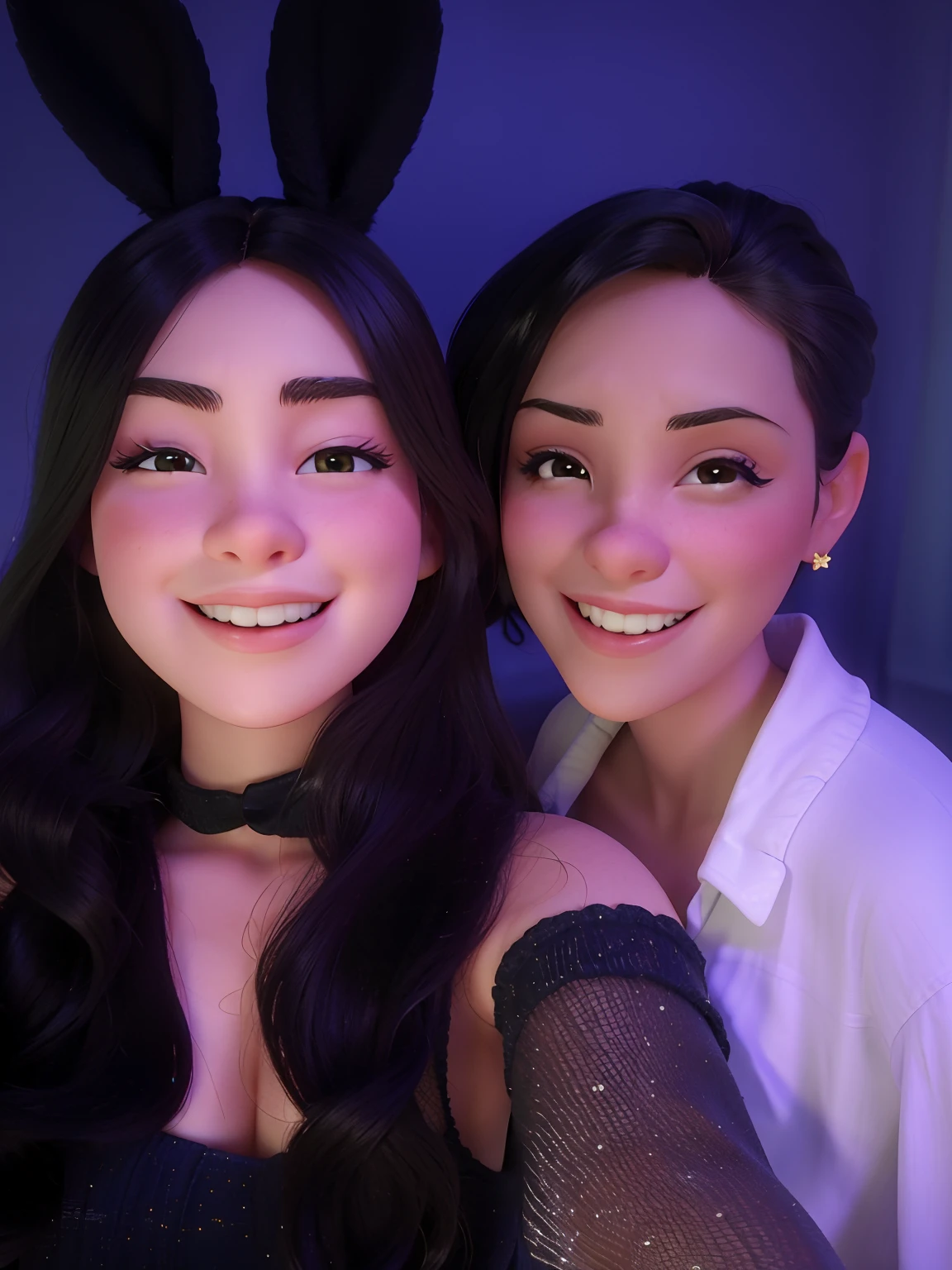 proportional eyes, (realistic:1.5),photorealistic, hyper realistic, extremely detailed, hyper detailed, soft lighting, detailed background, extreme detail background, sharp details, 2 cute latina sisters, long dark hair, cumshot on large rectangular glasses, bunny ears, perfect tits touching, realistic, (covered in cum)