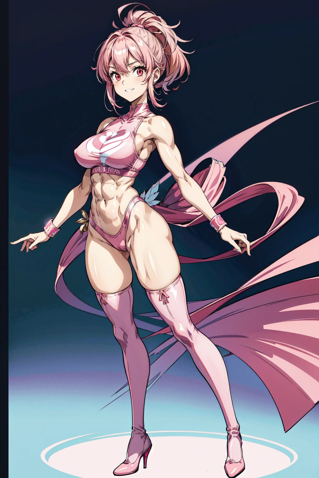 masterpiece:2, best quality:2, highly detailed:2, 8k, gradient pink background, anime, 1girl\(20-year-old, ORC, grinning, athletic:1.2, muscular:1.2, abs:1.2, long legs:1.4, short pink hair, big breasts, pink stockings, pink thigh boots with high heels, revealing clothes:1.2, slender waist, tight butts, beautiful face, red eyes, dynamic pose\), full-body image:1.2