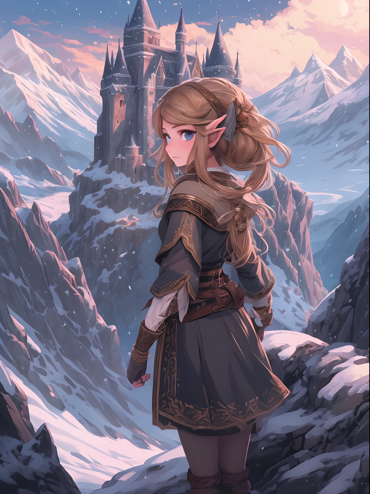 ((master piece)),best quality, illustration, dark, 1girl, In the wilderness,High mountain,Snow-capped mountains in the distance, castle, zelda style scenery, beautiful detailed eyes,  beautiful detailed hair,