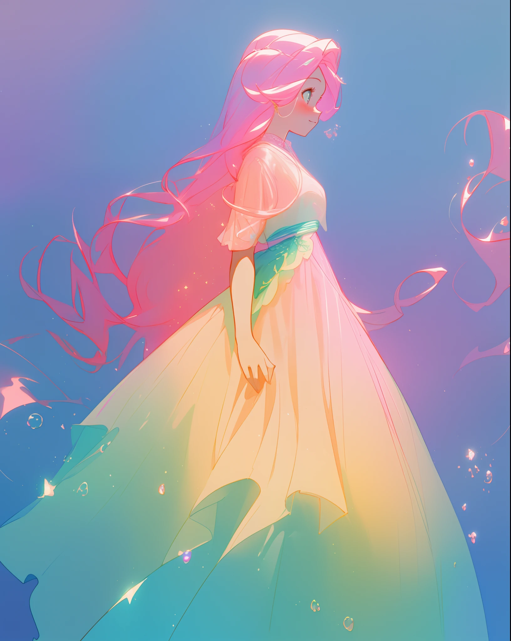 beautiful girl in sparkling gradient ballgown, long wavy peach pink hair, vibrant pastel colors, (colorful), colorful watercolor background, ethereal, magical lights, sparkling liquid light, inspired by Glen Keane, inspired by Lois van Baarle, disney art style, by Lois van Baarle, glowing aura around her, by Glen Keane, jen bartel, glowing lights! digital painting, flowing glowing hair, glowing flowing hair, beautiful digital illustration, fantasia background, whimsical, magical, fantasy, beautiful face, ((masterpiece, best quality)), intricate details, highly detailed, sharp focus, 8k resolution, sparkling detailed eyes, liquid watercolor