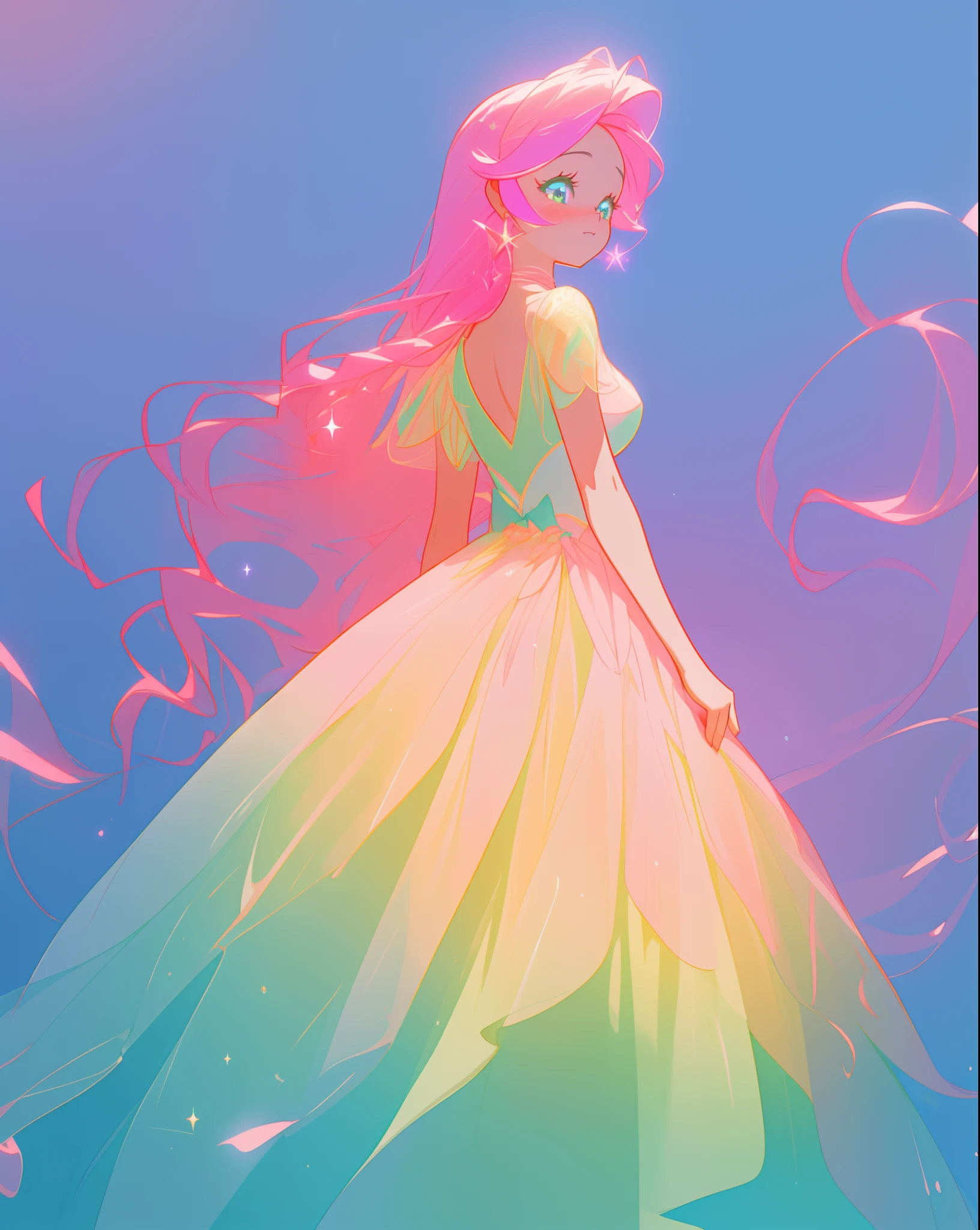 beautiful girl in sparkling gradient ballgown, long wavy peach pink hair, vibrant pastel colors, (colorful), colorful watercolor background, ethereal, magical lights, sparkling liquid light, inspired by Glen Keane, inspired by Lois van Baarle, disney art style, by Lois van Baarle, glowing aura around her, by Glen Keane, jen bartel, glowing lights! digital painting, flowing glowing hair, glowing flowing hair, beautiful digital illustration, fantasia background, whimsical, magical, fantasy, beautiful face, ((masterpiece, best quality)), intricate details, highly detailed, sharp focus, 8k resolution, sparkling detailed eyes, liquid watercolor
