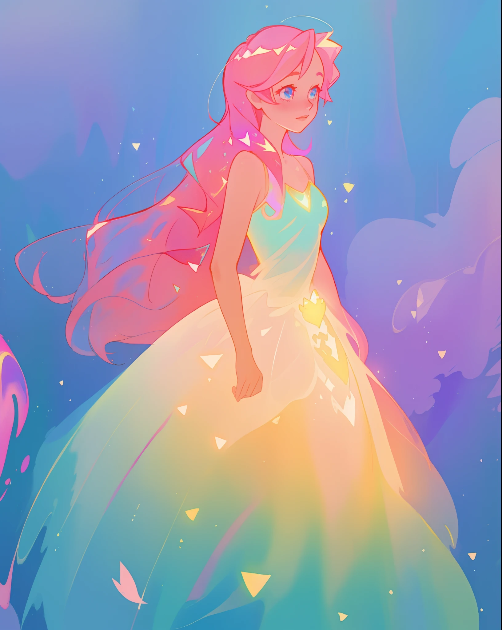 beautiful girl in sparkling gradient ballgown, long wavy peach pink hair, vibrant pastel colors, (colorful), colorful watercolor background, ethereal, magical lights, sparkling liquid light, inspired by Glen Keane, inspired by Lois van Baarle, disney art style, by Lois van Baarle, glowing aura around her, by Glen Keane, jen bartel, glowing lights! digital painting, flowing glowing hair, glowing flowing hair, beautiful digital illustration, fantasia background, whimsical, magical, fantasy, beautiful face, ((masterpiece, best quality)), intricate details, highly detailed, sharp focus, 8k resolution, sparkling detailed eyes, liquid watercolor