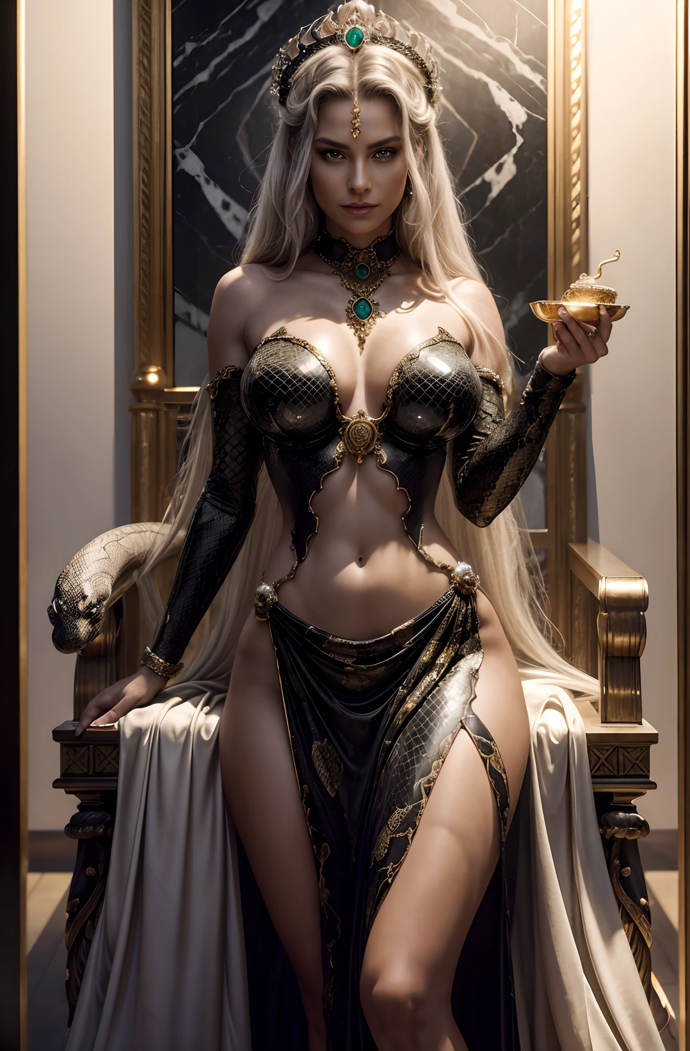photorealistic, Medusa stand in front a black marble throne, framed regally from mid-torso up. She wears an elegant emerald gown, one hand holding a ornate golden chalice overflowing with rubies and pearls. Her gaze looks off to the side, chin held high, arrogance evident in her demeanor. Snakes writhe slowly through her hair, stone skin glistening as if freshly polished. The chiaroscuro studio lighting creates striking contrast, sculpting each curve of her powerful physique, highlighting glistening scales and reigning in shadows around her intense eyes. Captured using a Hasselblad H6X with Planar 110mm macro lens, intricate details evident down to every pore and snake fang.