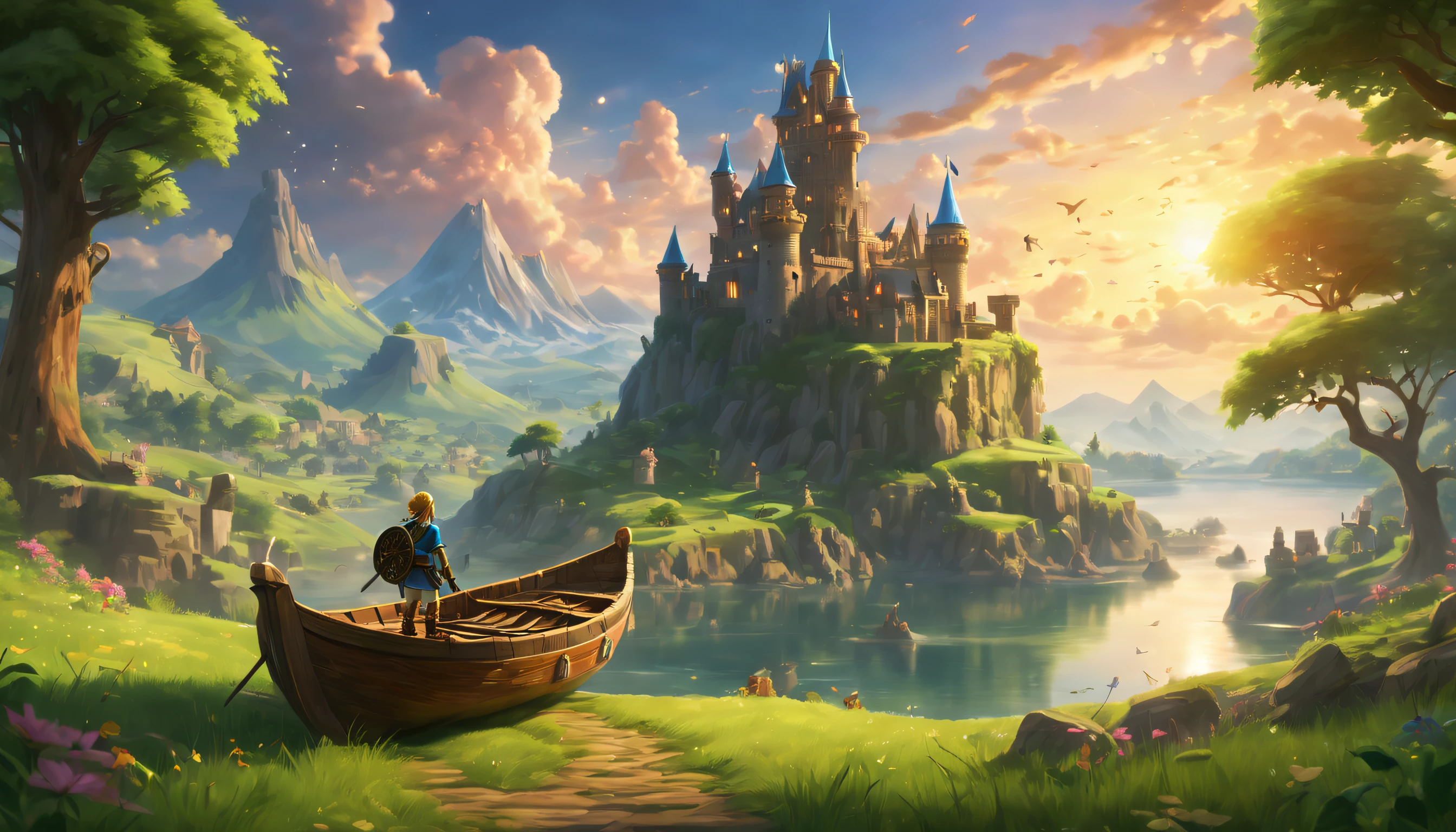 (best quality,4k,8k,highres,masterpiece:1.2),ultra-detailed,(photorealistic:1.37),Zelda style,landscape,colorful,fantasy characters,adventure,majestic castle,rolling green hills,twinkling stars,magical fairies,mysterious forest,decorative sword,heroic battles,sailing on a wooden boat,triforce symbol,exploring ancient ruins,ethereal music,peaceful yet epic,sunrise or sunset lighting