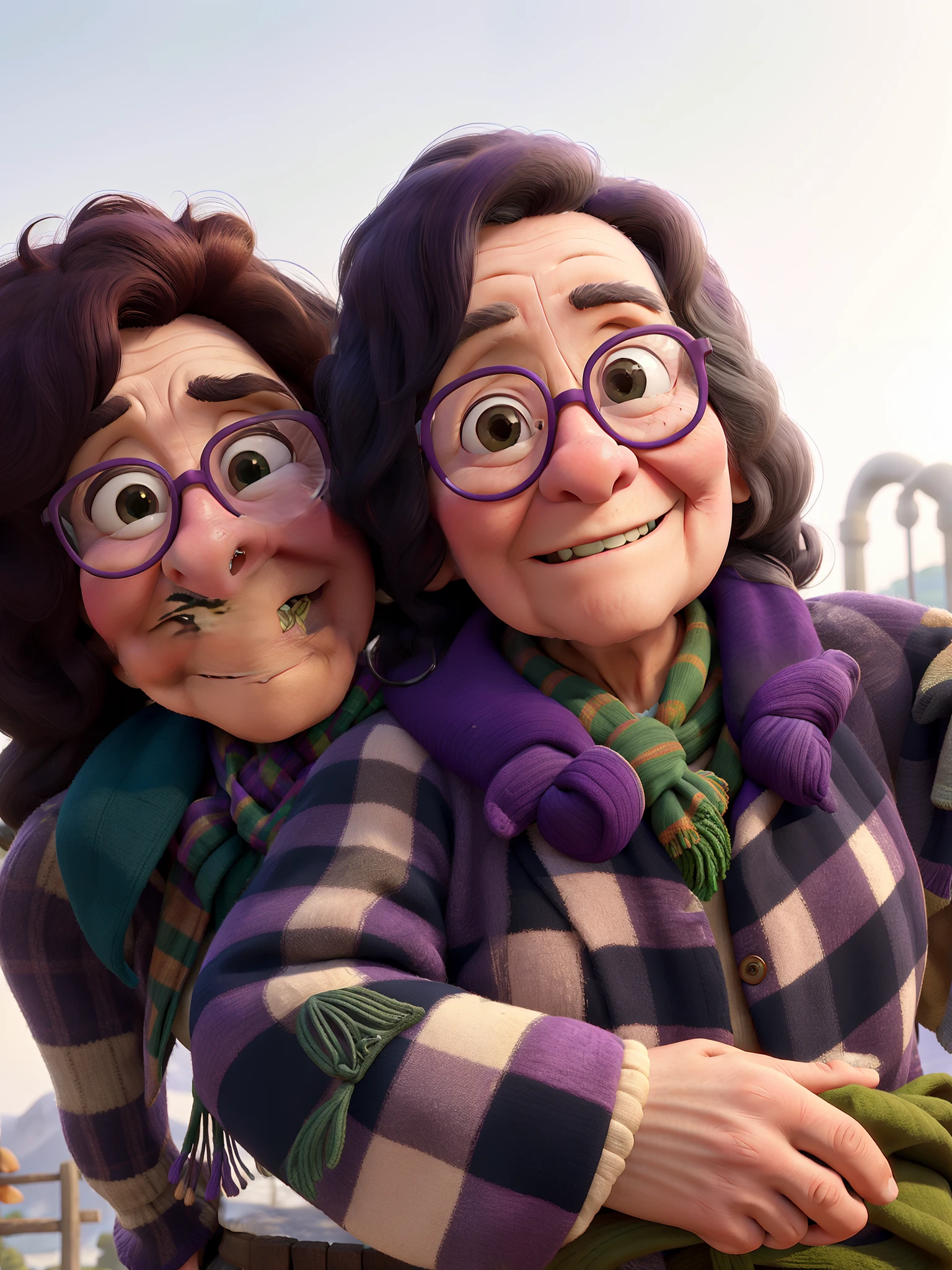masterpiece, best quality, an old woman with glasses and a scarf on, wearing a purple coat and green scarf, standing at the park