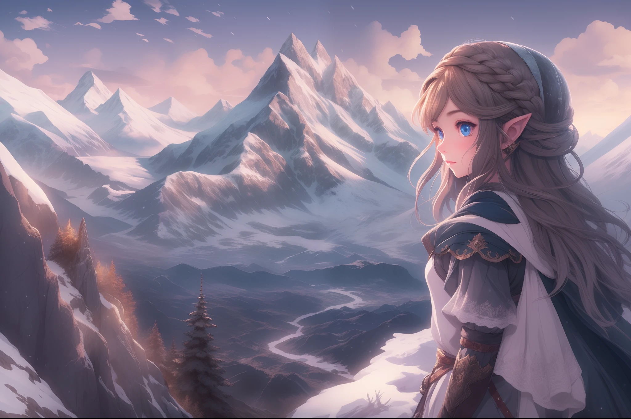 ((master piece)),best quality, illustration, dark, 1girl, In the wilderness,High mountain,Snow-capped mountains in the distance, castle, zelda style scenery, beautiful detailed eyes,  beautiful detailed hair,
