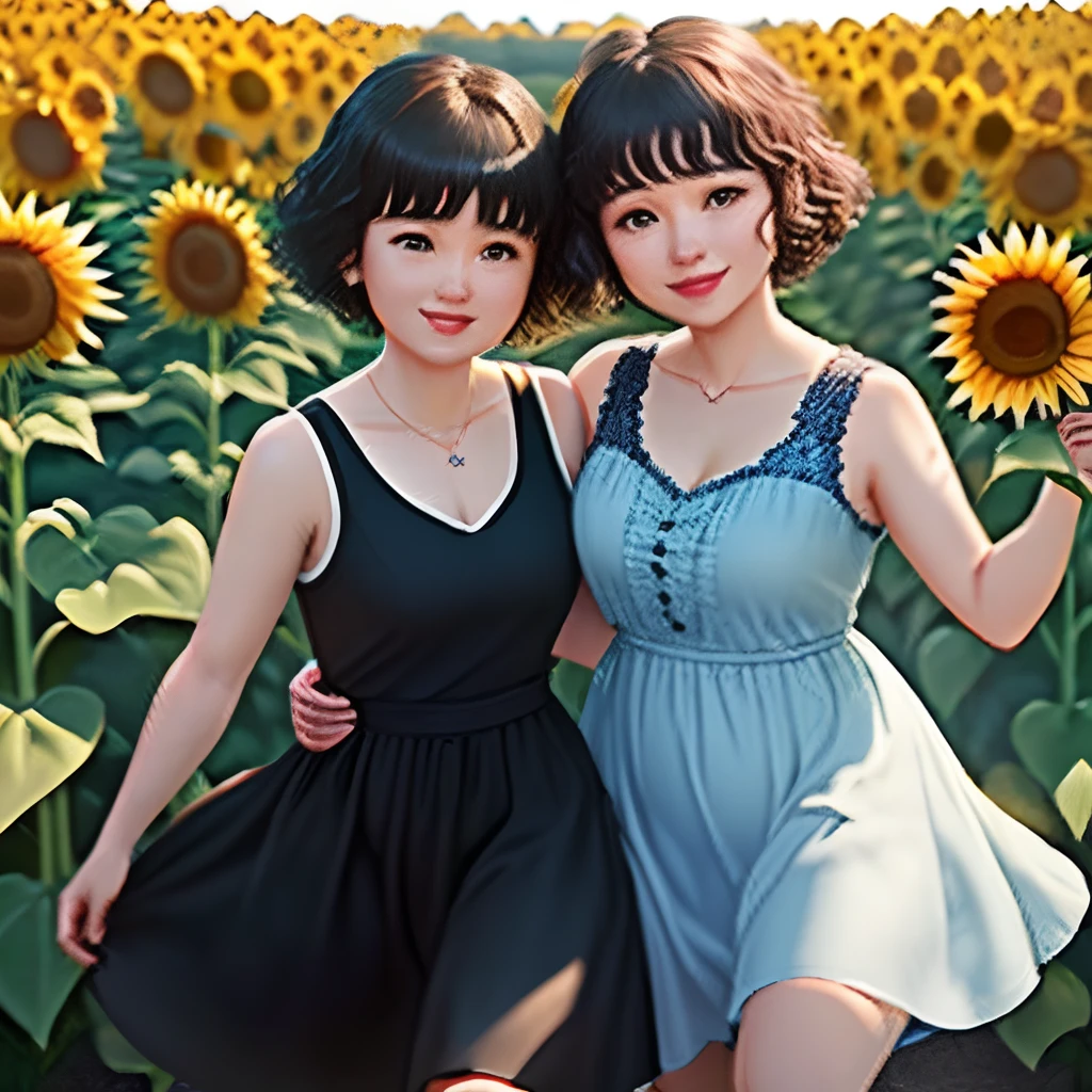 two girls in blue dresses holding a yellow flower in a field, scene : sunflowers field, scene: sunflowers field, bright and sunny day, On a sunny day, Sunny day, on a bright day, Full body:: Sunny weather::, Childro taken with Nikon D750, Photo shot with Nikon D 7 5 0 face realism
