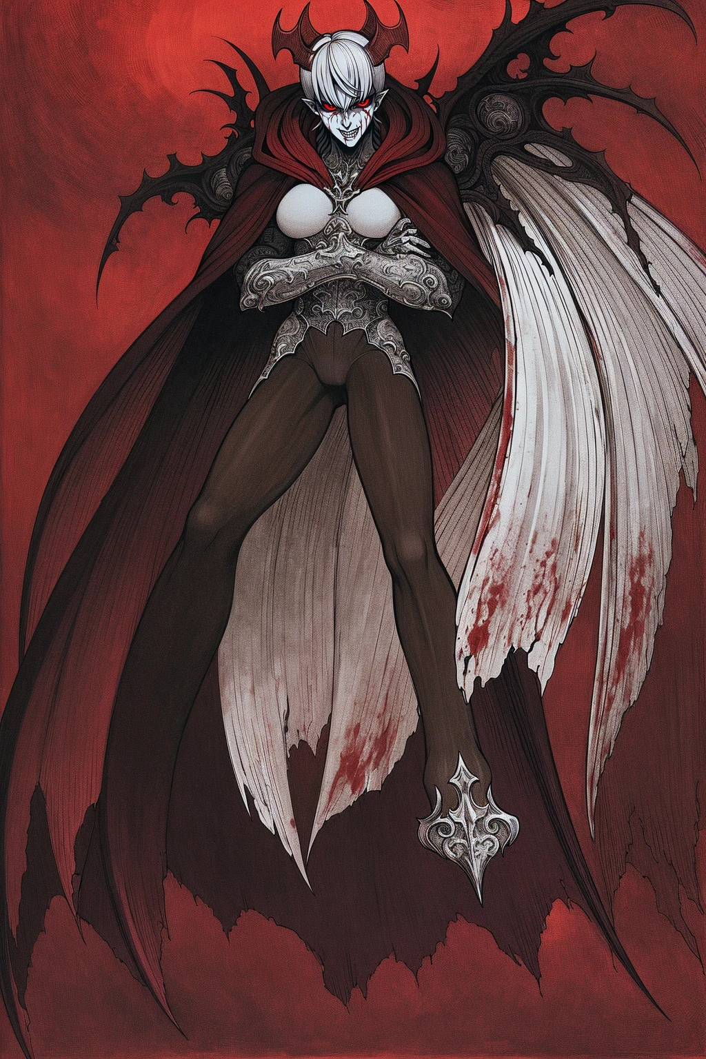 1 demon queen,  wings  full body, pale skin, glowing eyes, cloak, hell scene, blood , black horns ,
realistic face , diablo, diabolic,  gothic ,
best quality, master piece,
muted color
dark , dim light , 
oil painting  by    gerald brom