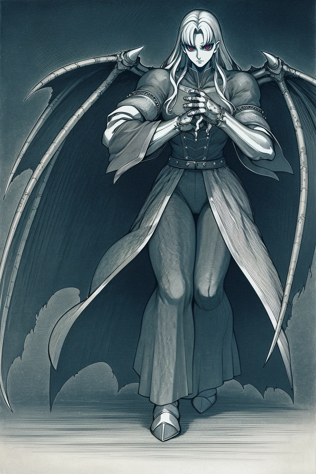 1 demon queen, wings full body, pale skin, glowing eyes, cloak, hell scene, blood , black horns ,
realistic face , diablo, diabolic, gothic ,
best quality, master piece,
muted color
dark , dim light ,
oil painting by gerald brom
