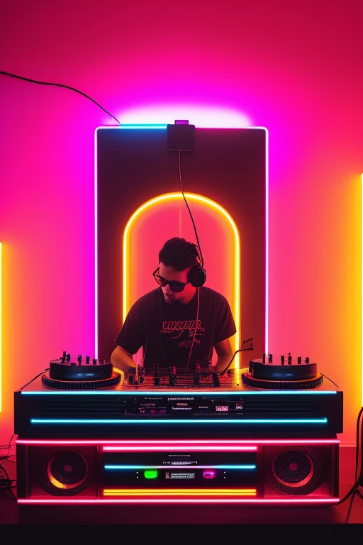 Uma par de toca discos com um dj homem de jaqueta de couro e fones de ouvidos Detalhado DJ Boy DJ Controller com Neon, Super vibrant music lights.