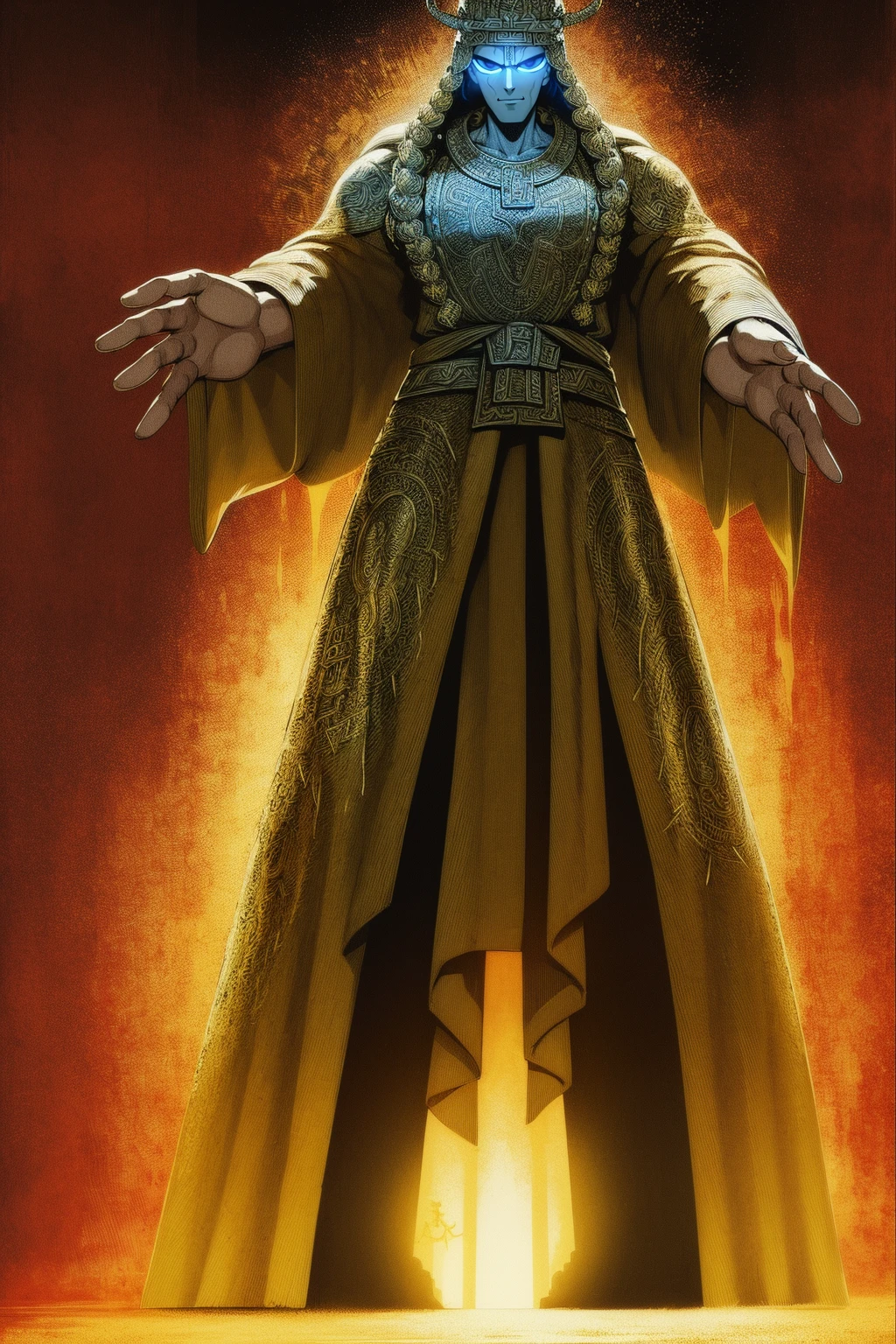 (((PERUN))) best quality, ultra-high resolution, 4K detailed CG, masterpiece, The Storm God, Slavic clothing, Slavic mythology, ((STANDING POSE)), Slavic painting style, aesthetic, centered on the screen