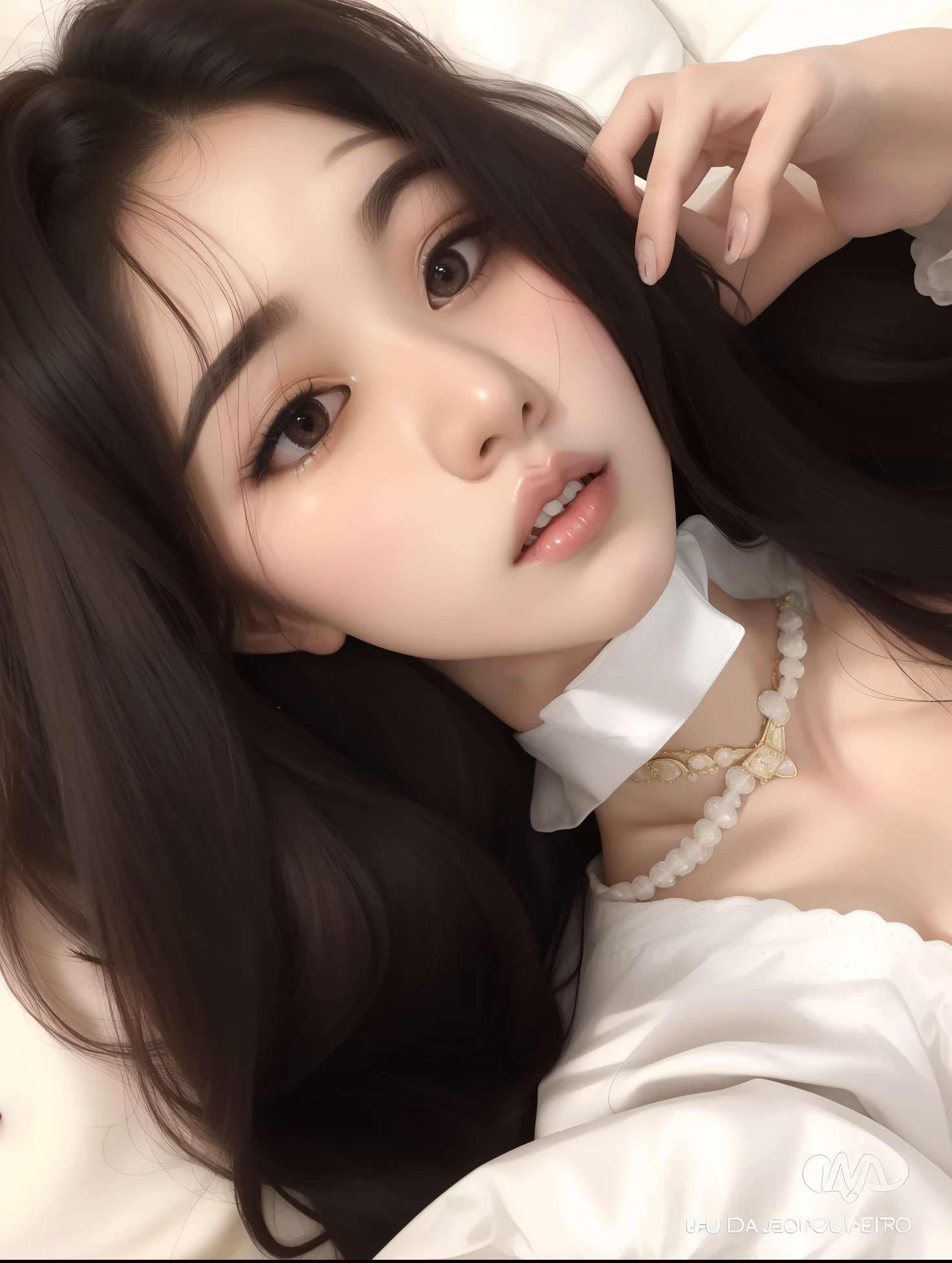 um close up de uma mulher deitada em uma cama com um celular, Ulzzang, maquiagem sul-coreana popular, menina coreana, young adorable korean face, young cute wan asian face, 🤤 retrato da menina, maquiagem coreana popular, cruel korean goth girl, mulher coreana jovem bonita, linda mulher coreana jovem, Jinyoung Canela, clear lips and high quality, Mulher sul-coreana bonita