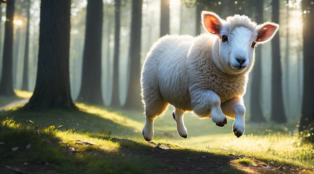 close-up photo of a cute little sheep jumping in the forest, soft volumetric lights (backlight: 1.3), (cinematic: 1.2), intricate details (ArtStation: 1.3), Rutkowski