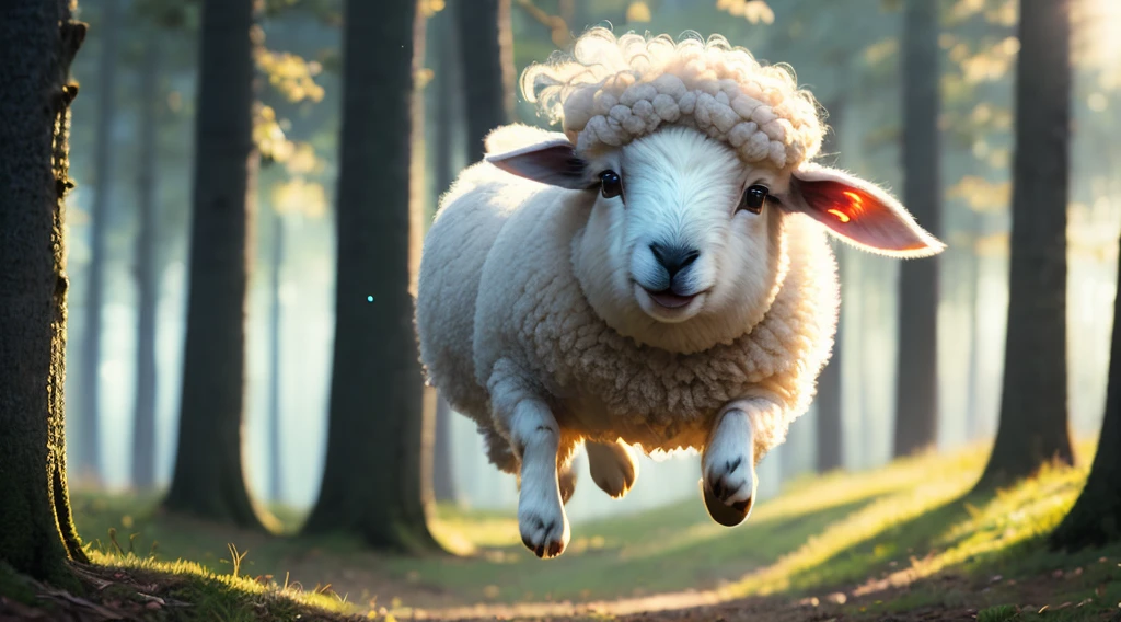 close-up photo of a cute little sheep jumping in the forest, soft volumetric lights (backlight: 1.3), (cinematic: 1.2), intricate details (ArtStation: 1.3), Rutkowski