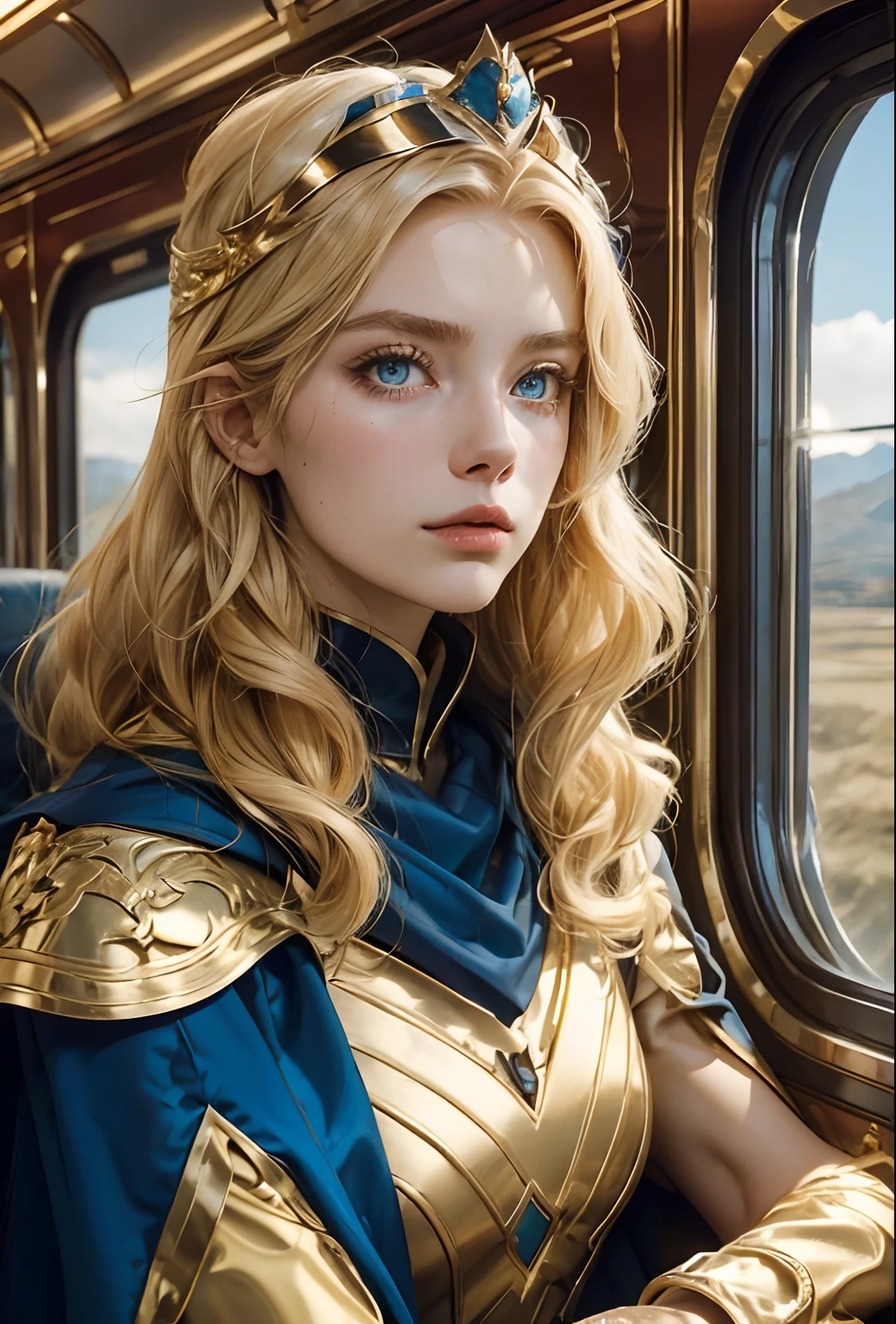A beautiful woman wearing a cape. Underneath the headgear, he wears a golden metallic combat uniform. Blonde hair and blue eyes. Her hair is short. Twenty-five years old. She is sitting in the window seat of a luxury train, looking out at the scenery outside.