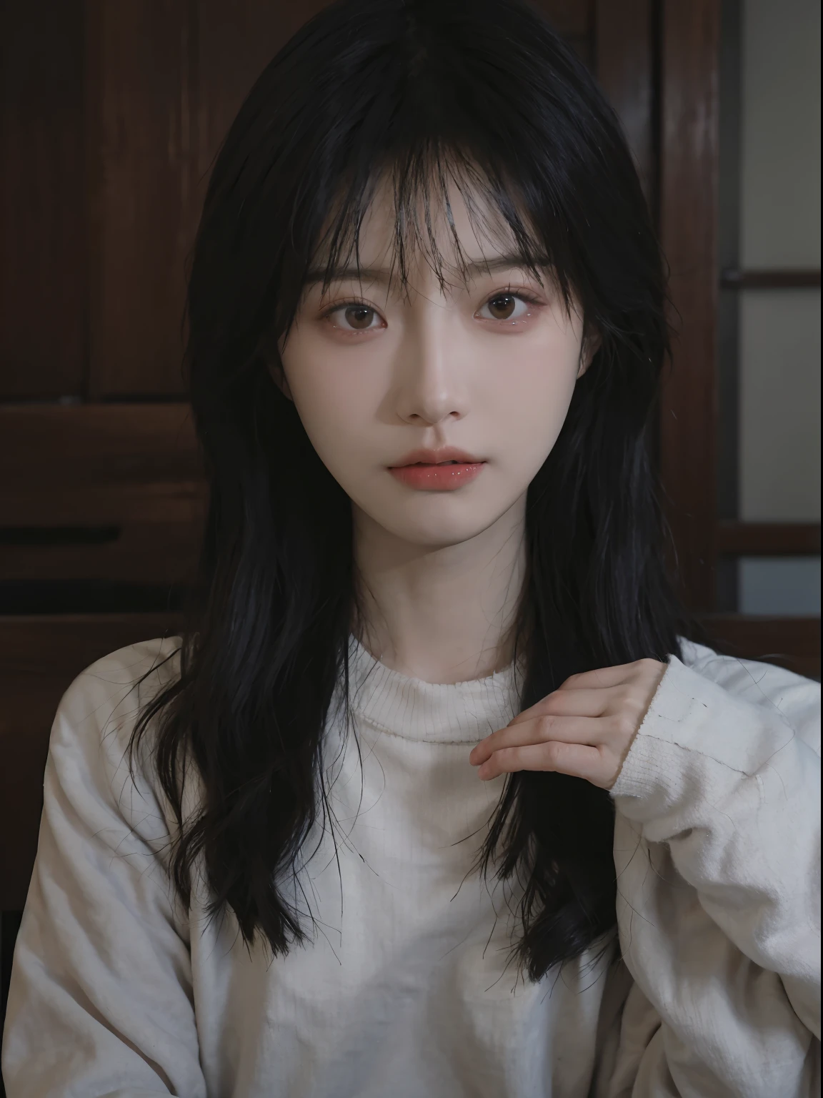 best qualtiy， 超高分辨率， （realisticlying：1.4）， A woman with long black hair and a gray sweater, 中景 the scene is, she has red hair，By bangs, young lovely Korean faces, wan adorable korean face, ulzzangs, Shin Jinying, beautiful aesthetic face, Korean face features, Played by Liu Lee Ji Eun ，Beautiful realistic face