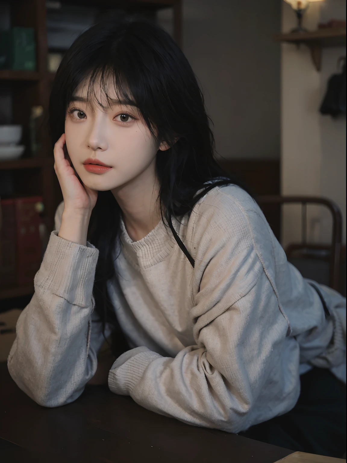 best qualtiy， 超高分辨率， （realisticlying：1.4）， A woman with long black hair and a gray sweater, 中景 the scene is, she has red hair，By bangs, young lovely Korean faces, wan adorable korean face, ulzzangs, Shin Jinying, beautiful aesthetic face, Korean face features, Played by Liu Lee Ji Eun ，Beautiful realistic face