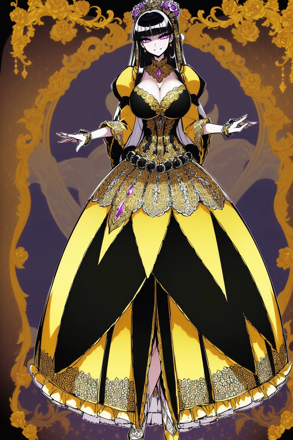 ((anime artstyle)),(Masterpiece),(Best Quality), (Super Detail),((Very Delicate and Beautiful)),((Solo)),((full body)),((1 arrogant queen in glitter jeweled black and gold gorgeousfull ball gown with voluminous fluffy skirt)),((BlingBling)),((arrogant)),(((haughty smile))),(Purple eyes),Sharp eyes,detailed face and eyes,jewel-like eyes,((Very Long voluminous black Hair)),Straight Hair,((Bangs between eyes)),((gorgeousfull embroidery and lace)),gorgeous corsage,See-through,gorgeousfull hair ornament,gorgeousfull glitter jeweled tiara,ornate ruffles,((gigantic breasts,Long breasts)),skindentation,((full body)),((hoop skirt,crinoline)),gorgeousfull jewelry ornaments,Dynamic Angle,Looking at viewer,royal gorgeous palace,(((gorgeous embroidery and glitter jeweled black and gold gorgeousfull ball gown with voluminous fluffy skirt))),(full body)