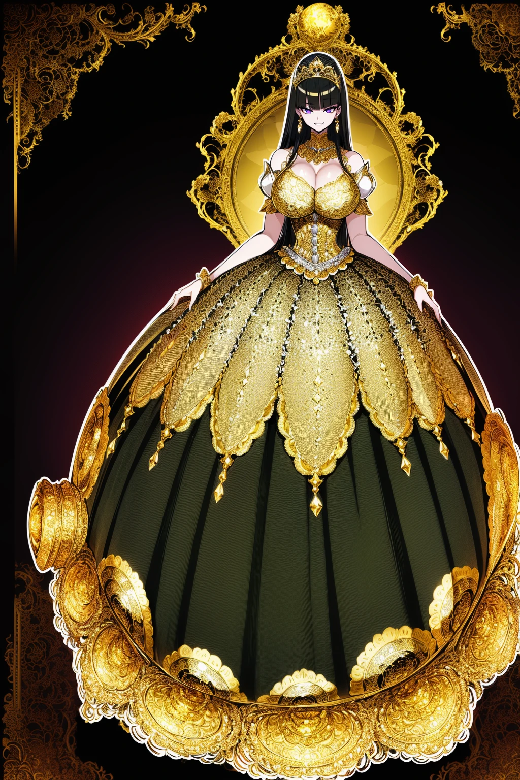 ((anime artstyle)),(Masterpiece),(Best Quality), (Super Detail),((Very Delicate and Beautiful)),((Solo)),((full body)),((1 arrogant queen in glitter jeweled black and gold gorgeousfull ball gown with voluminous fluffy skirt)),((BlingBling)),((arrogant)),(((haughty smile))),(Purple eyes),Sharp eyes,detailed face and eyes,jewel-like eyes,((Very Long voluminous black Hair)),Straight Hair,((Bangs between eyes)),((gorgeousfull embroidery and lace)),gorgeous corsage,See-through,gorgeousfull hair ornament,gorgeousfull glitter jeweled tiara,ornate ruffles,((gigantic breasts,Long breasts)),skindentation,((full body)),((hoop skirt,crinoline)),gorgeousfull jewelry ornaments,Dynamic Angle,Looking at viewer,royal gorgeous palace,(((gorgeous embroidery and glitter jeweled black and gold gorgeousfull ball gown with voluminous fluffy skirt))),(full body)