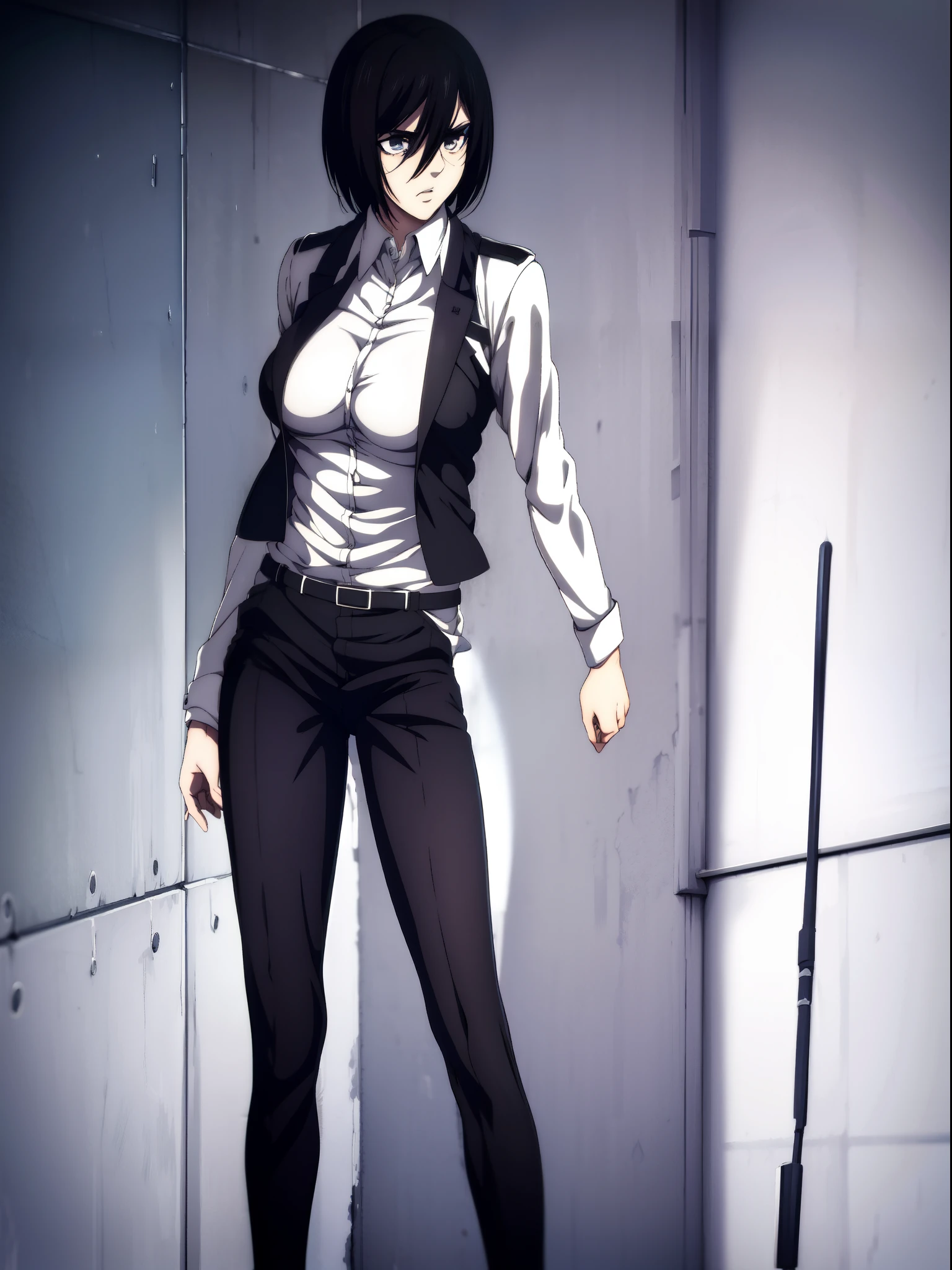 Mikasa Ackerman, white shirt, black dress pants, black shoes, short hair, black hair, medium breasts, hourglass figure, broad shoulders, toned body, standing straight, (looking at viewer), wall background, grey wall background, high resolution image, 1girl, paradis military uniform, facing viewer,