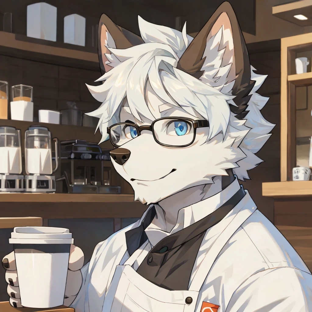 solo person,Furry,White-haired male dog,The eyes are sky blue,both eyes the same,Brown ears,The area around the eyes is white,The forehead is white,A white tail,Barista,The face is white,The face is only white,Strong,年轻,black-frame glasses