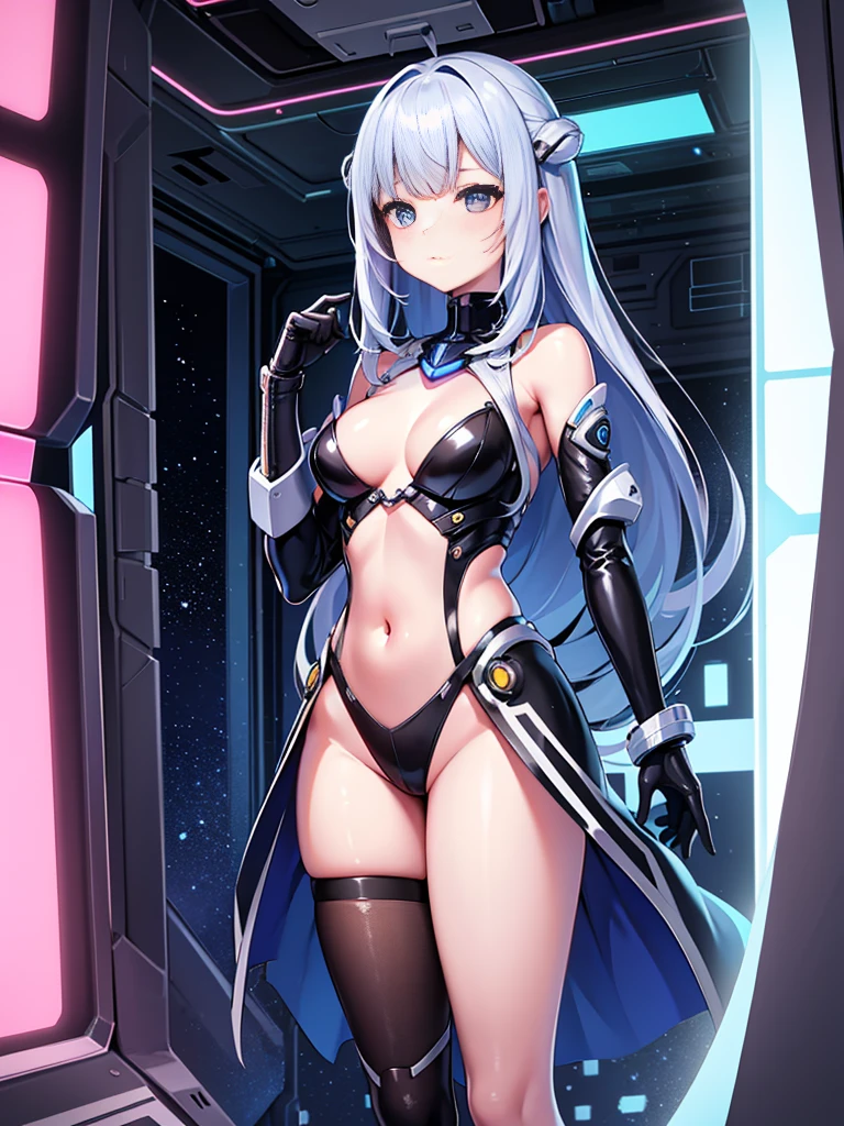 One girl、Inside the spacecraft、A girl and a beautiful sight are spreading。The walls and ceiling are covered with panels with futuristic designs.、It has a fantastic glow。The interior of the ship is spacious々and々And、A variety of scientific instruments and consoles are located。The interior space of the spacecraft is、、It features a silvery metallic texture and a curvaceous design、focus on girl