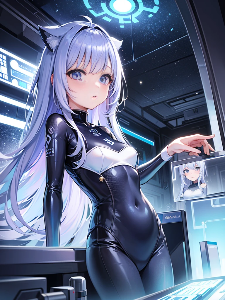 One girl、Inside the spacecraft、A girl and a beautiful sight are spreading。The walls and ceiling are covered with panels of futuristic design.、It has a fantastic glow。The interior of the ship is spacious々and々And々And々And々And々And々And々And々And々And々And々And々And々And々And、A variety of scientific instruments and consoles are located。The interior space of the spacecraft is、、、、、、、、、、、、、、、It features a silvery metallic texture and a curvaceous design、focus on girl