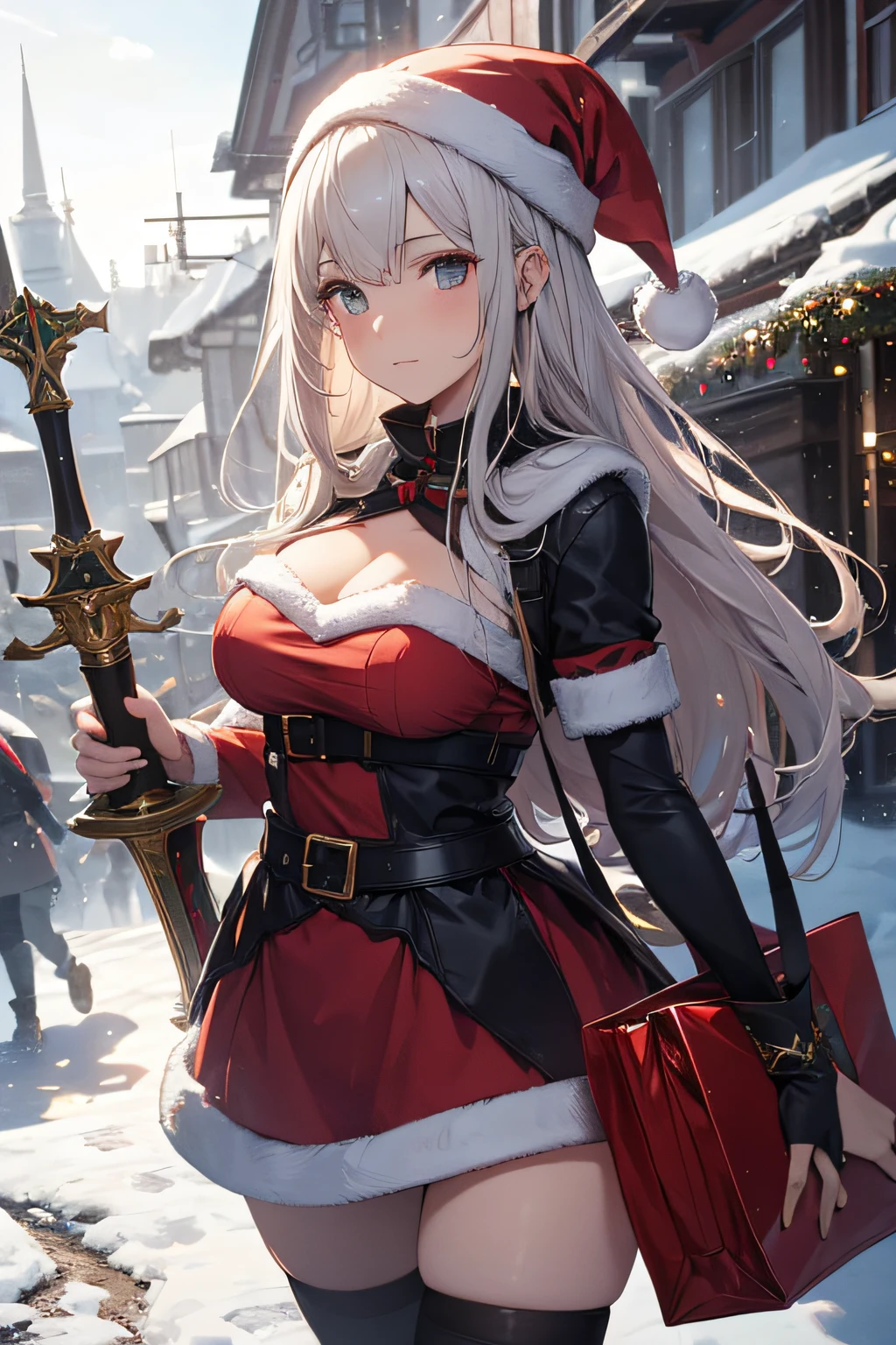 (best quality, HD, high-resolution:1.2), a woman in Christmas armor, holding a large sword, carrying a Santa Claus bag, mmorpg-style, black clothes