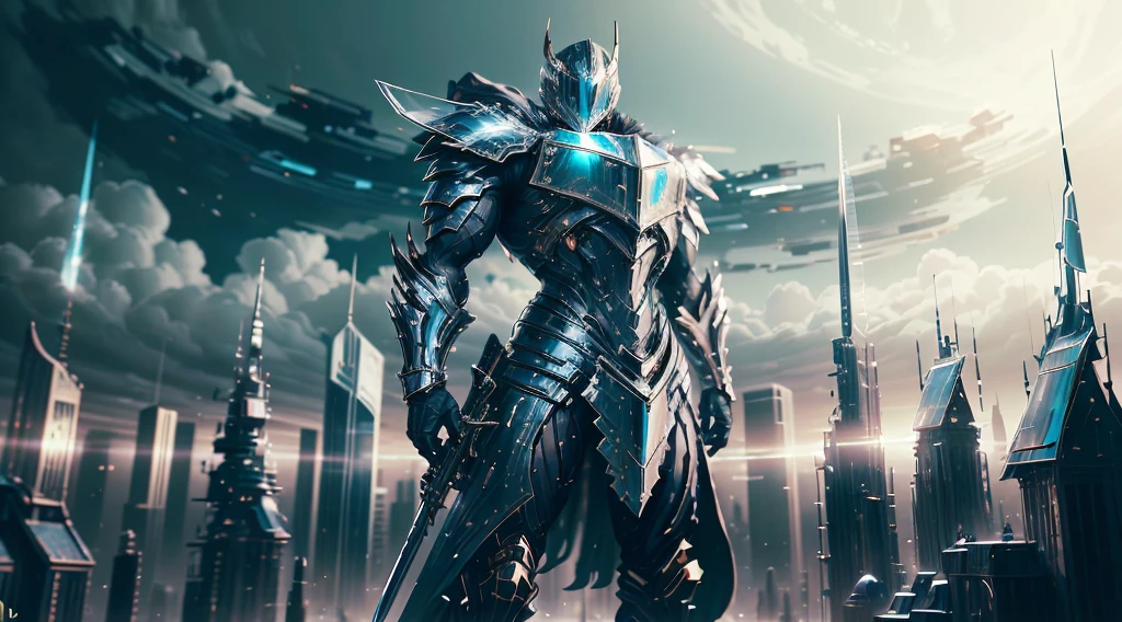 Create a silver knight that has a unique sword similar to Warframe umbra weapons, The silver knight is staring over a futuristic city and a set of world guards are behind that Royal night, for a 4k, 8K, masterpiece,