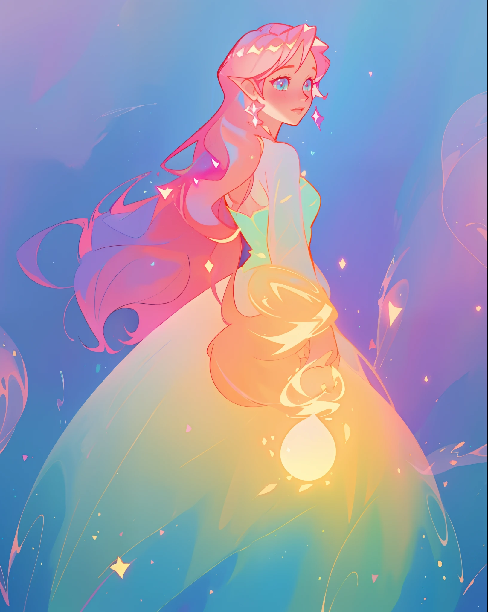 beautiful girl in sparkling gradient ballgown, long wavy peach pink hair, vibrant pastel colors, (colorful), colorful watercolor background, ethereal, magical lights, sparkling liquid light, inspired by Glen Keane, inspired by Lois van Baarle, disney art style, by Lois van Baarle, glowing aura around her, by Glen Keane, jen bartel, glowing lights! digital painting, flowing glowing hair, glowing flowing hair, beautiful digital illustration, fantasia background, whimsical, magical, fantasy, beautiful face, ((masterpiece, best quality)), intricate details, highly detailed, sharp focus, 8k resolution, sparkling detailed eyes, liquid watercolor