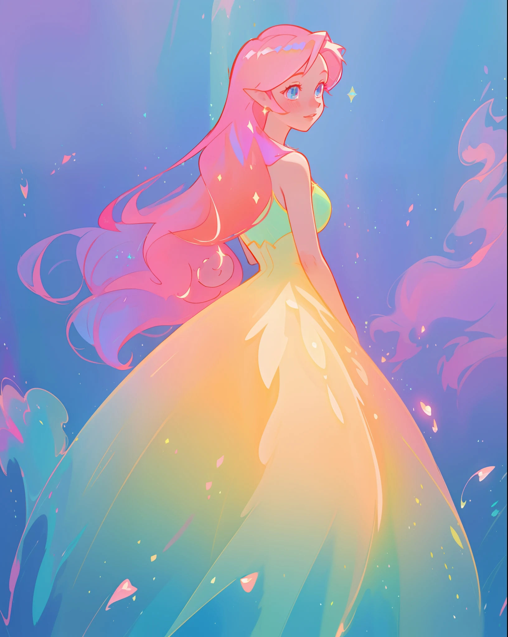 beautiful girl in sparkling gradient ballgown, long wavy peach pink hair, vibrant pastel colors, (colorful), colorful watercolor background, ethereal, magical lights, sparkling liquid light, inspired by Glen Keane, inspired by Lois van Baarle, disney art style, by Lois van Baarle, glowing aura around her, by Glen Keane, jen bartel, glowing lights! digital painting, flowing glowing hair, glowing flowing hair, beautiful digital illustration, fantasia background, whimsical, magical, fantasy, beautiful face, ((masterpiece, best quality)), intricate details, highly detailed, sharp focus, 8k resolution, sparkling detailed eyes, liquid watercolor