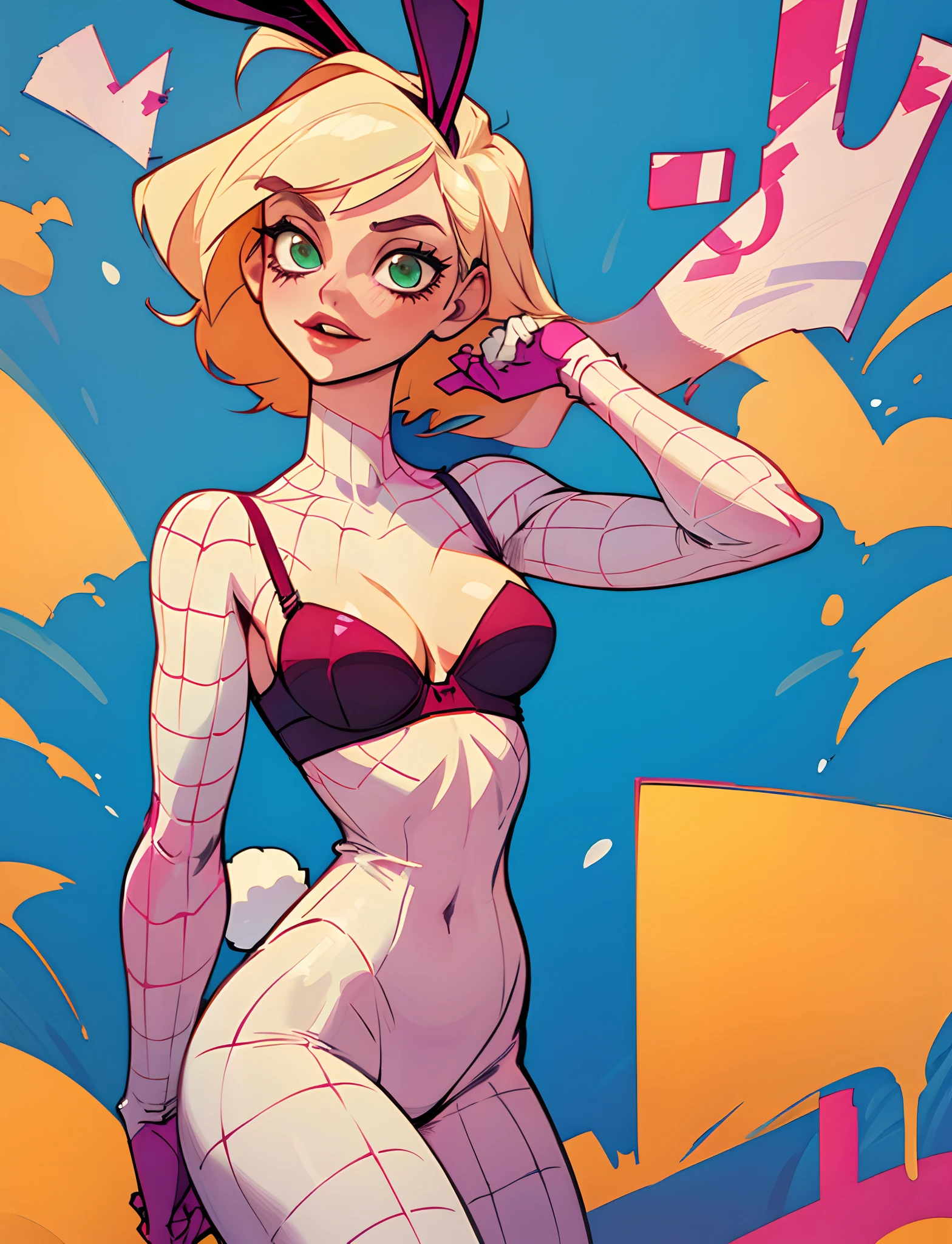 Gwen Stacy wearing bunny suit, bra showing
