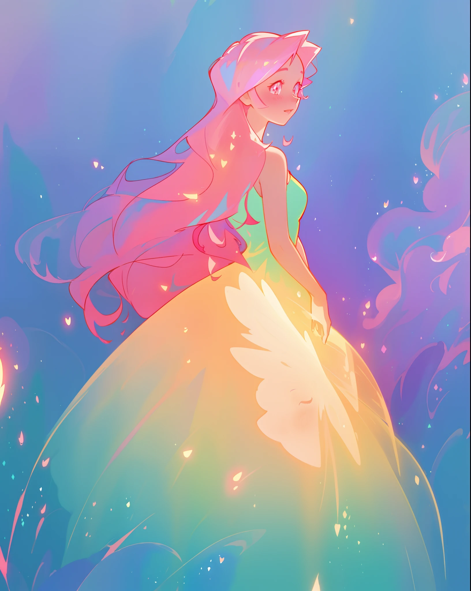 beautiful girl in sparkling gradient ballgown, long wavy peach pink hair, vibrant pastel colors, (colorful), colorful watercolor background, ethereal, magical lights, sparkling liquid light, inspired by Glen Keane, inspired by Lois van Baarle, disney art style, by Lois van Baarle, glowing aura around her, by Glen Keane, jen bartel, glowing lights! digital painting, flowing glowing hair, glowing flowing hair, beautiful digital illustration, fantasia background, whimsical, magical, fantasy, beautiful face, ((masterpiece, best quality)), intricate details, highly detailed, sharp focus, 8k resolution, sparkling detailed eyes, liquid watercolor