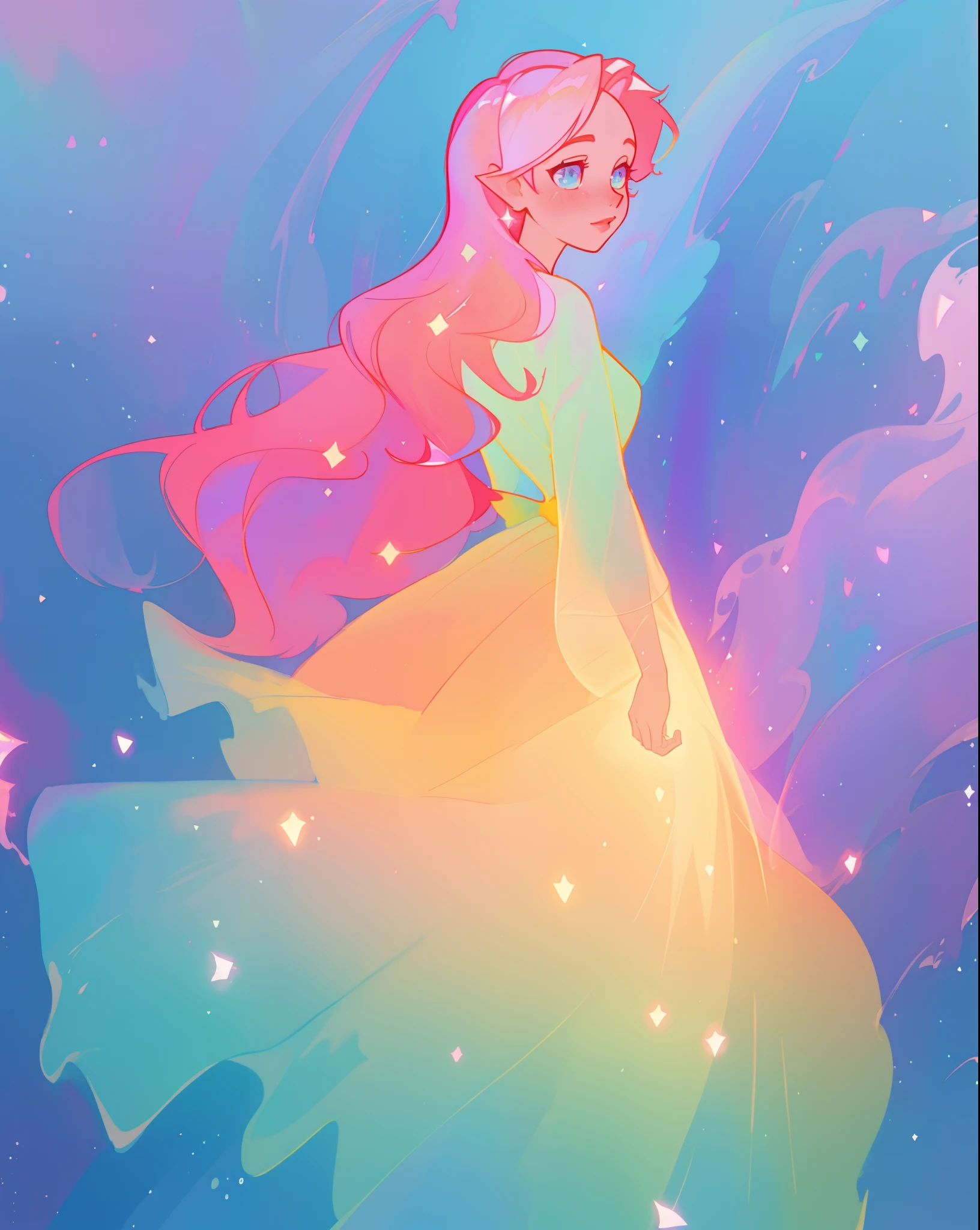 beautiful girl in sparkling gradient ballgown, long wavy peach pink hair, vibrant pastel colors, (colorful), colorful watercolor background, ethereal, magical lights, sparkling liquid light, inspired by Glen Keane, inspired by Lois van Baarle, disney art style, by Lois van Baarle, glowing aura around her, by Glen Keane, jen bartel, glowing lights! digital painting, flowing glowing hair, glowing flowing hair, beautiful digital illustration, fantasia background, whimsical, magical, fantasy, beautiful face, ((masterpiece, best quality)), intricate details, highly detailed, sharp focus, 8k resolution, sparkling detailed eyes, liquid watercolor
