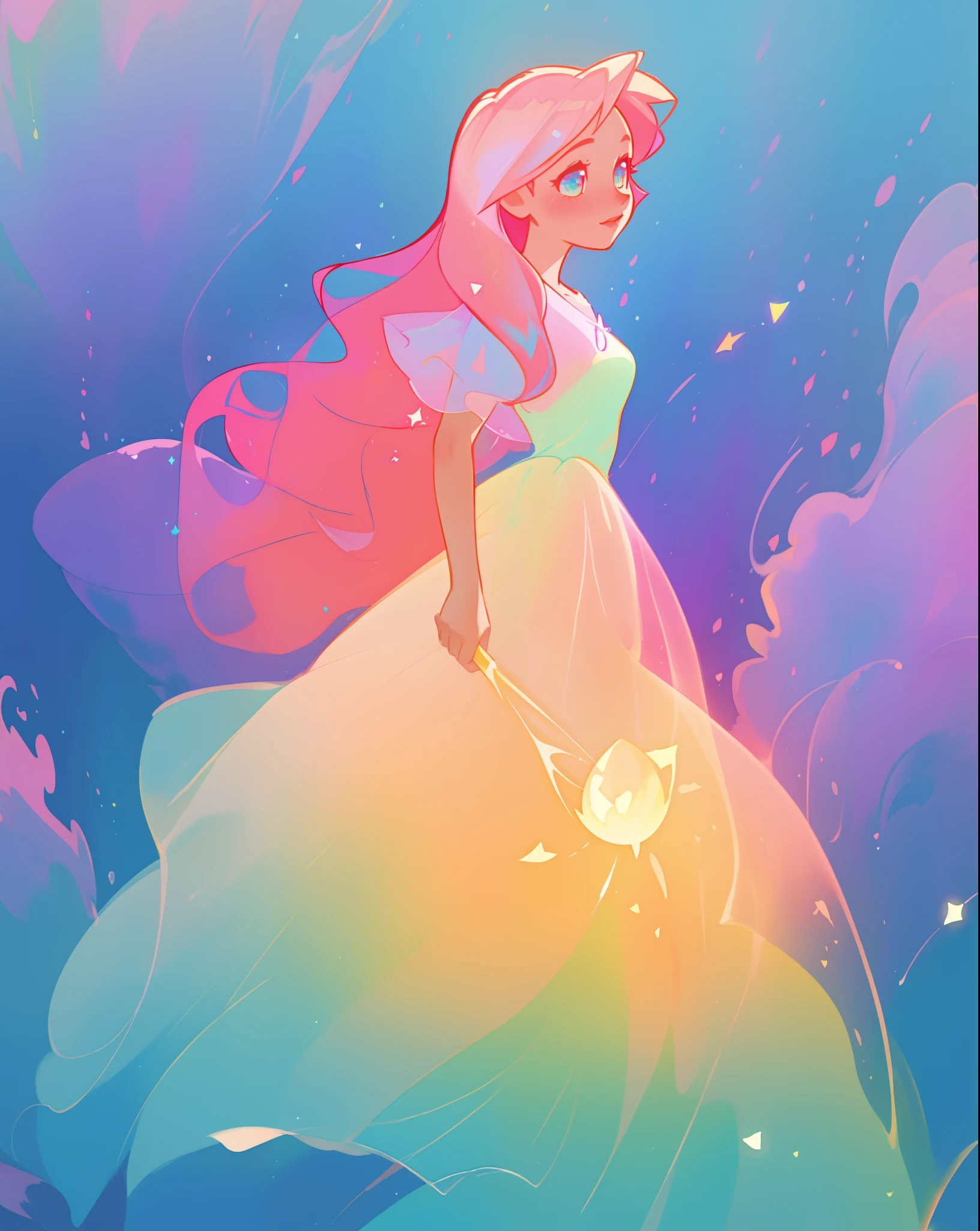 beautiful girl in sparkling gradient ballgown, long wavy peach pink hair, vibrant pastel colors, (colorful), colorful watercolor background, ethereal, magical lights, sparkling liquid light, inspired by Glen Keane, inspired by Lois van Baarle, disney art style, by Lois van Baarle, glowing aura around her, by Glen Keane, jen bartel, glowing lights! digital painting, flowing glowing hair, glowing flowing hair, beautiful digital illustration, fantasia background, whimsical, magical, fantasy, beautiful face, ((masterpiece, best quality)), intricate details, highly detailed, sharp focus, 8k resolution, sparkling detailed eyes, liquid watercolor