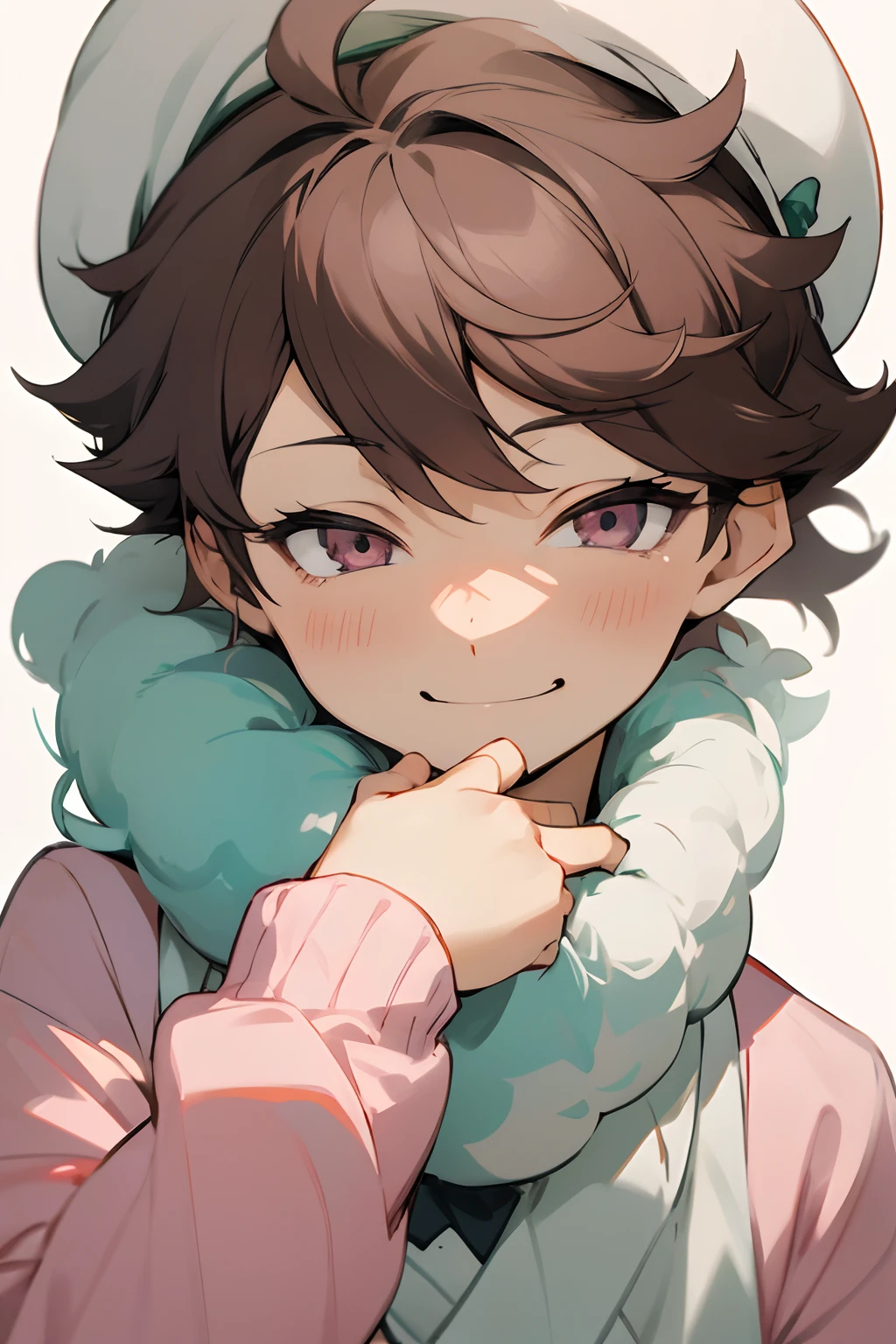 oikawa tooru, fluffy pink sweater, illustration, white background, white beret, smiling, smirking, winking